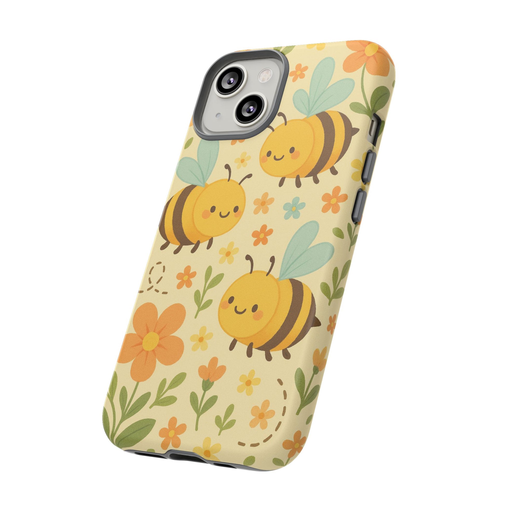 The Cute cartoon Floral Bee Tough Phone Case by Printify features smiling bees, orange and yellow flowers, and green leaves on a light cream background—an ideal bee lover's gift.