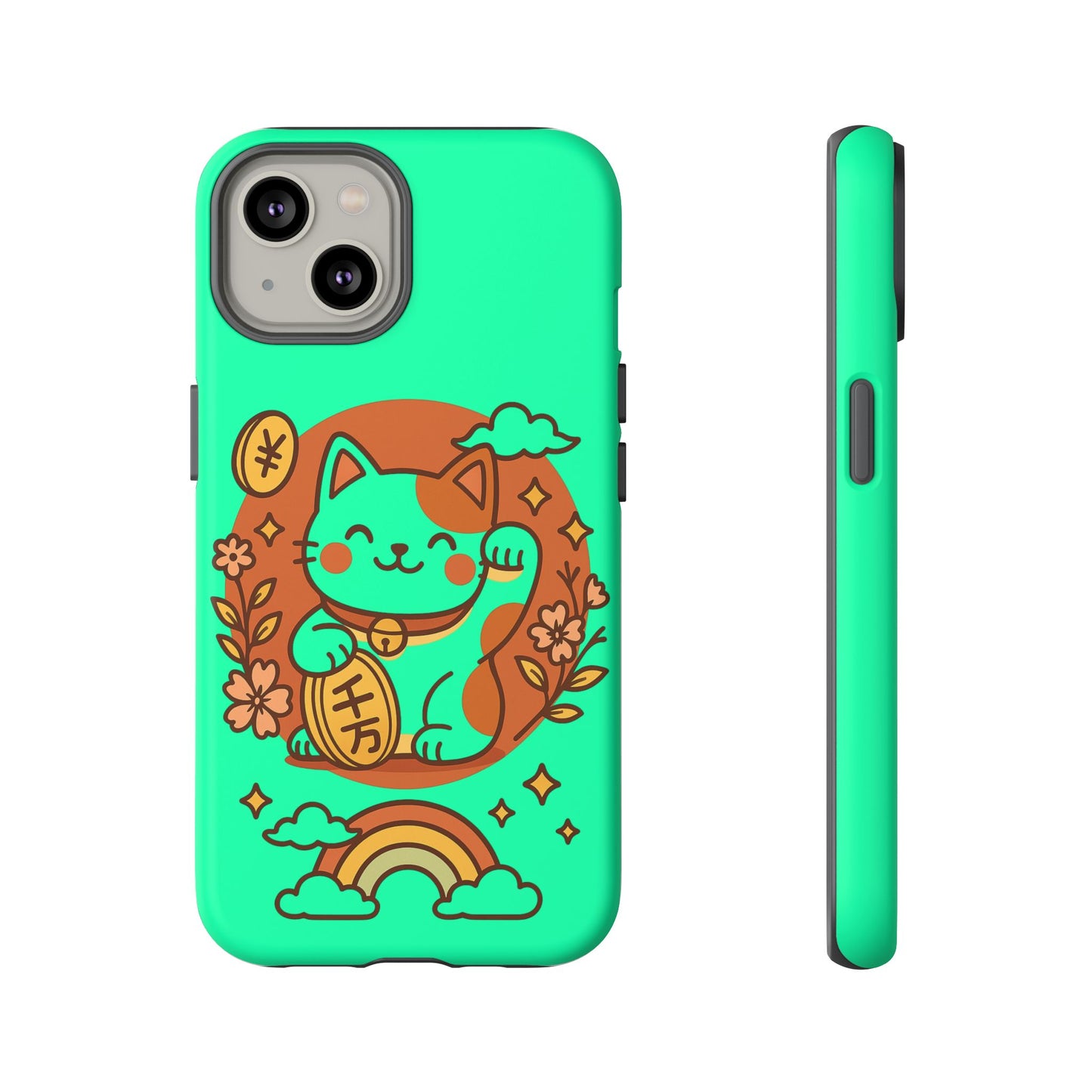 The Printify Japanese Kawaii Lucky Cat Protective Phone Case features a cute cartoon lucky cat holding a gold coin, with flowers, stars, clouds, and a rainbow on a green dual-layer case, shown from the back and side.