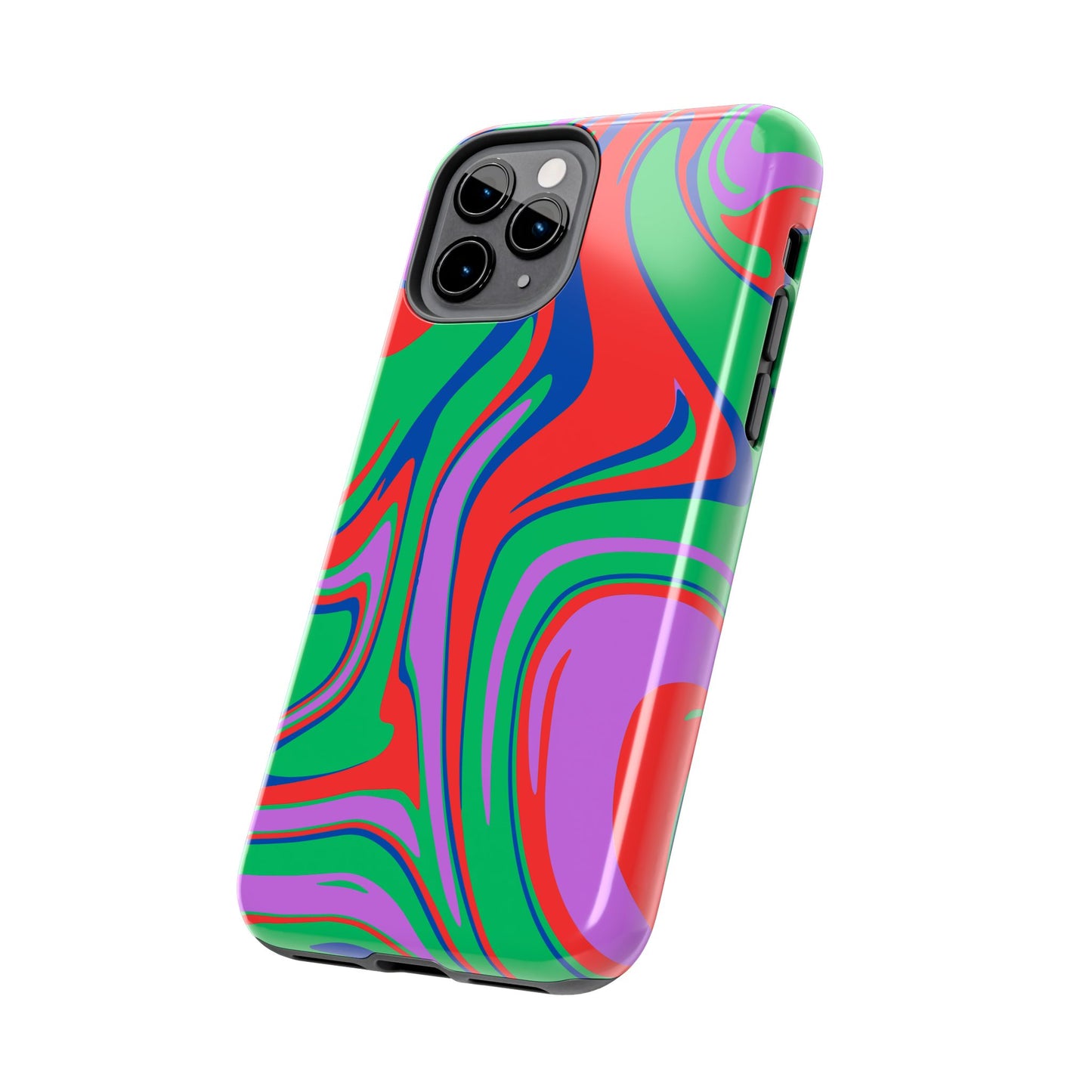 The Colorful Zebra Print Phone Case with Bold Design features a tough, impact-resistant build and a glossy, snug fit. Its vibrant abstract green, red, purple, and blue pattern on white offers style and protection for iPhone and Samsung models.