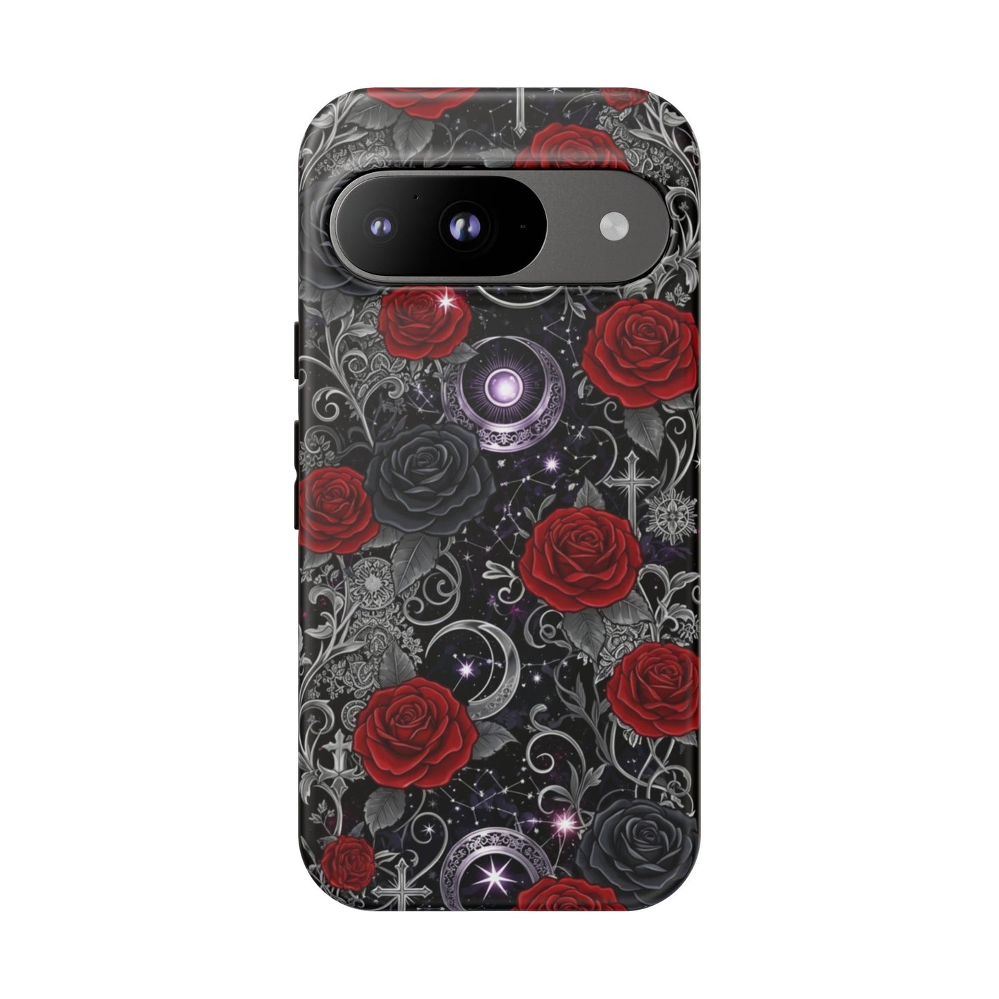 The Dark Gothic Red Roses Matte Tough Phone Case by Printify features red roses, silver filigree, crescent moons, and stars on a black background, blending elegance and durability in a striking gothic style.