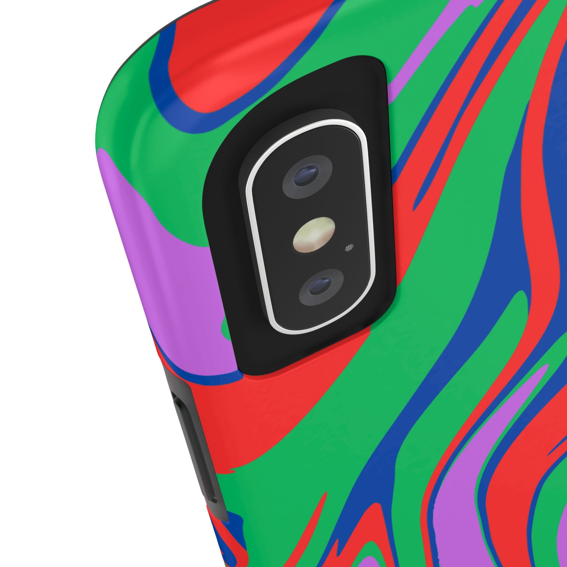 Close-up of the Colorful Zebra Print Phone Case with Bold Design for iPhone and Samsung. Features a vibrant, abstract wavy pattern in red, green, blue, and purple, focusing on the rear camera and side button of this tough, impact-resistant case.