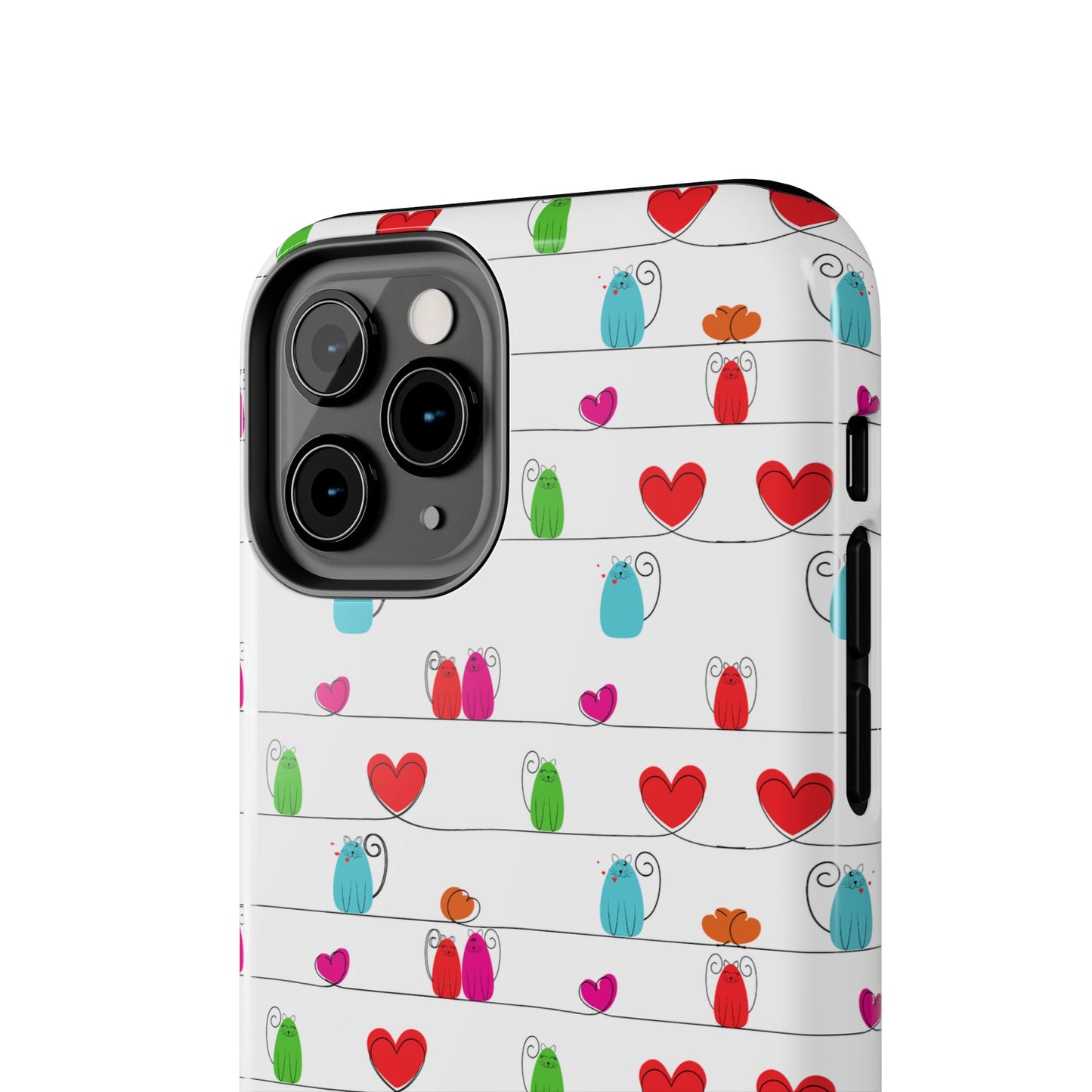 A close-up of the whimsical cat print phone cover – cute, durable, and impact-resistant. This case fits a smartphone with visible camera lenses and is compatible with iPhone and Samsung models.