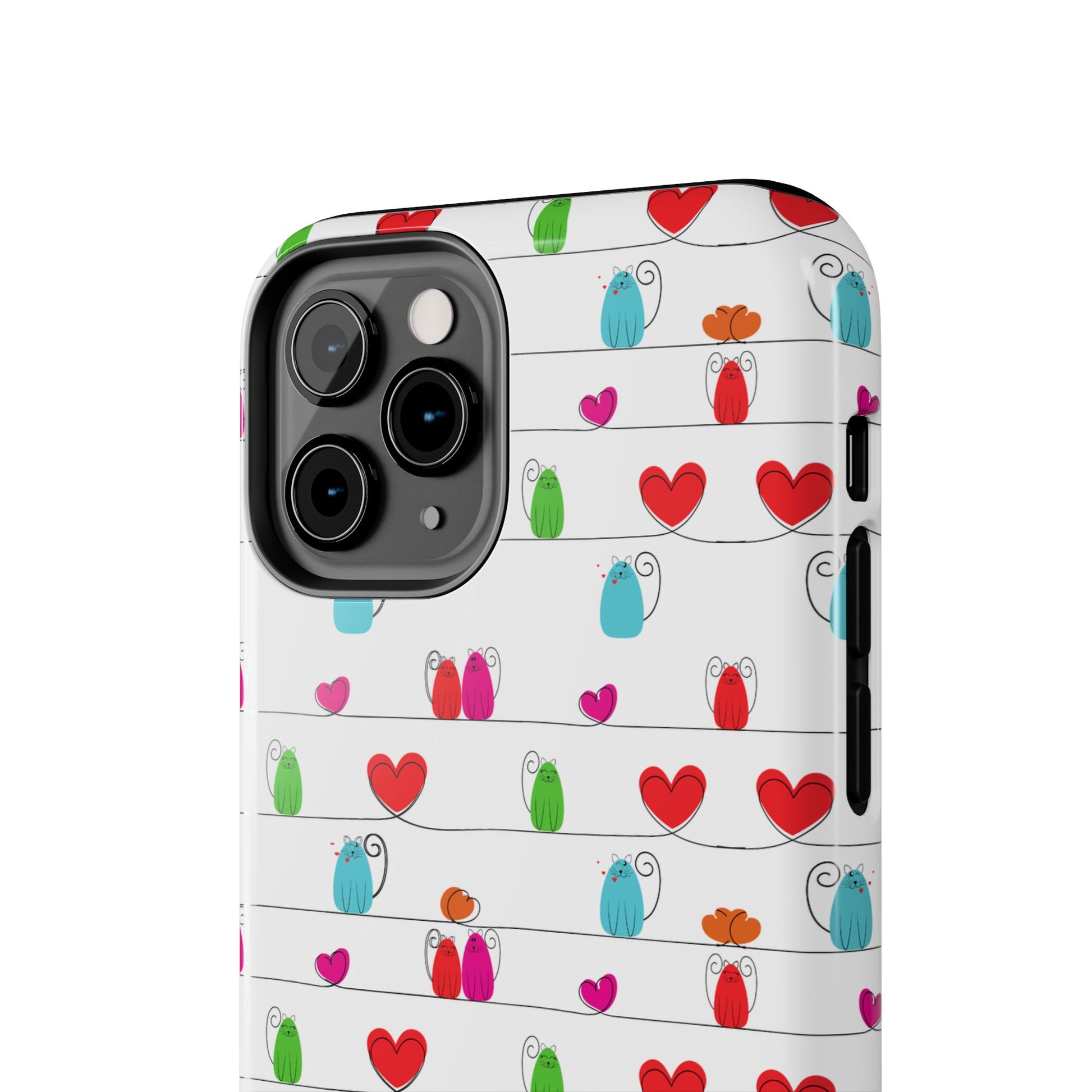 A close-up of the whimsical cat print phone cover – cute, durable, and impact-resistant. This case fits a smartphone with visible camera lenses and is compatible with iPhone and Samsung models.