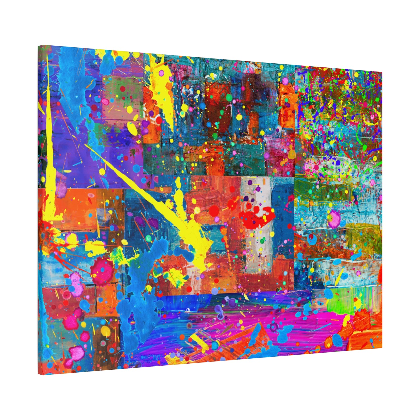 Vivid Neon Chaos Canvas Print Abstract Patchwork Splatter Art - Paragon Prints
