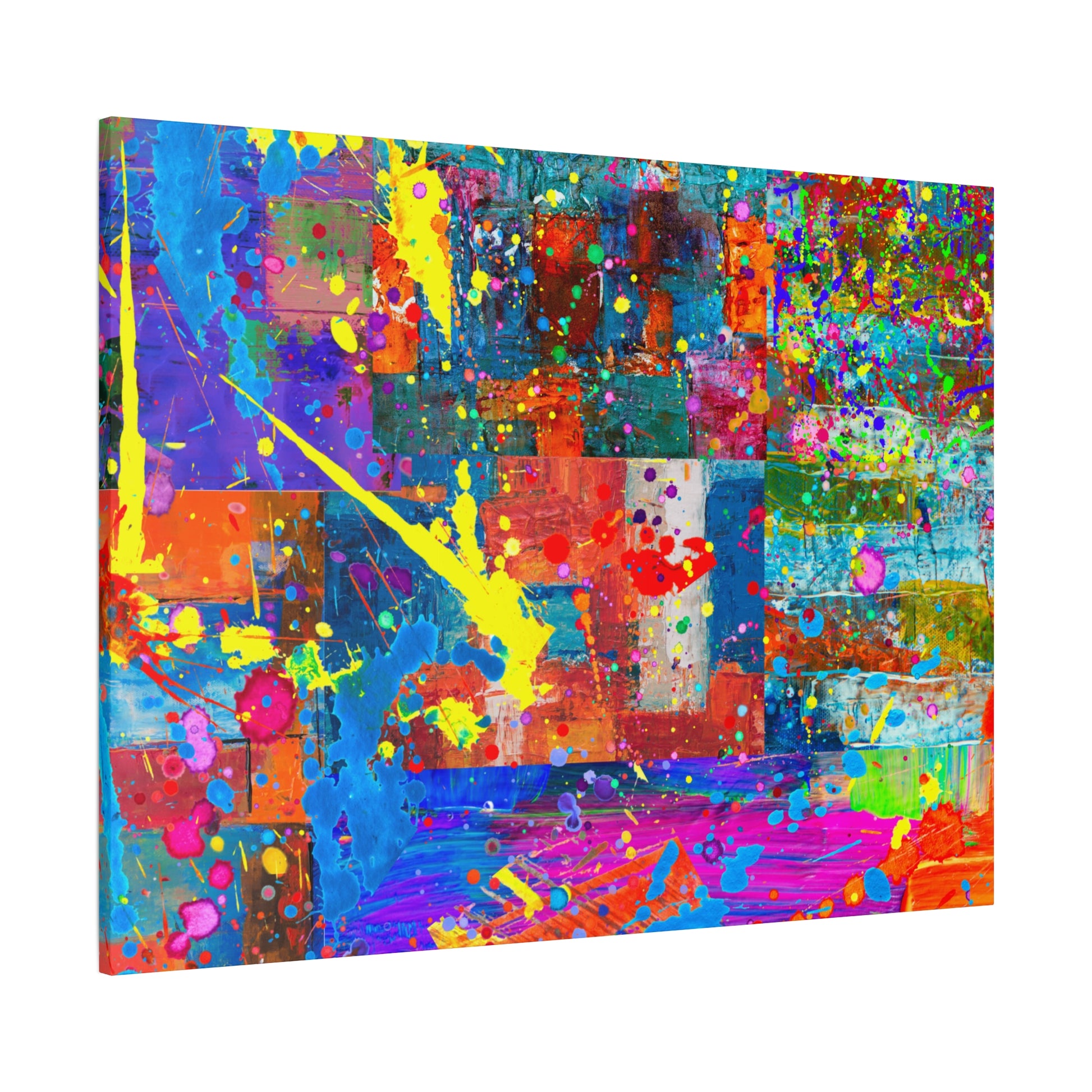 Vivid Neon Chaos Canvas Print Abstract Patchwork Splatter Art - Paragon Prints
