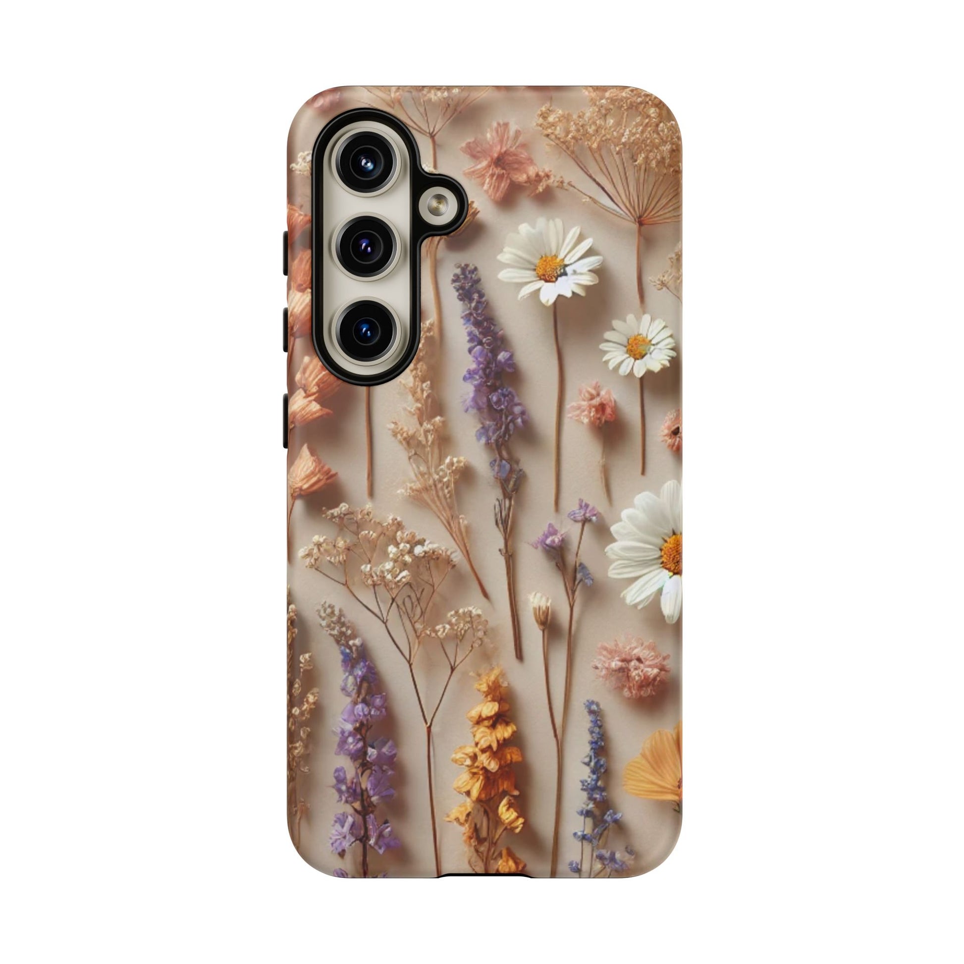 The Aesthetic Pressed Flower Floral Design Phone Cover by Printify features white, purple, and yellow daisies, lavender, and wildflowers on a beige background.