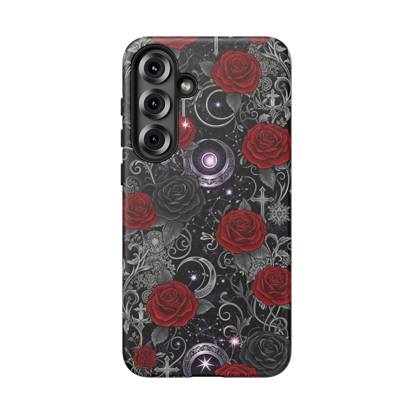 The Printify Dark Gothic Red Roses Matte Tough Phone Case features a dark design with red roses, silver vines, crescent moons, stars, and glowing purple accents on a deep background.