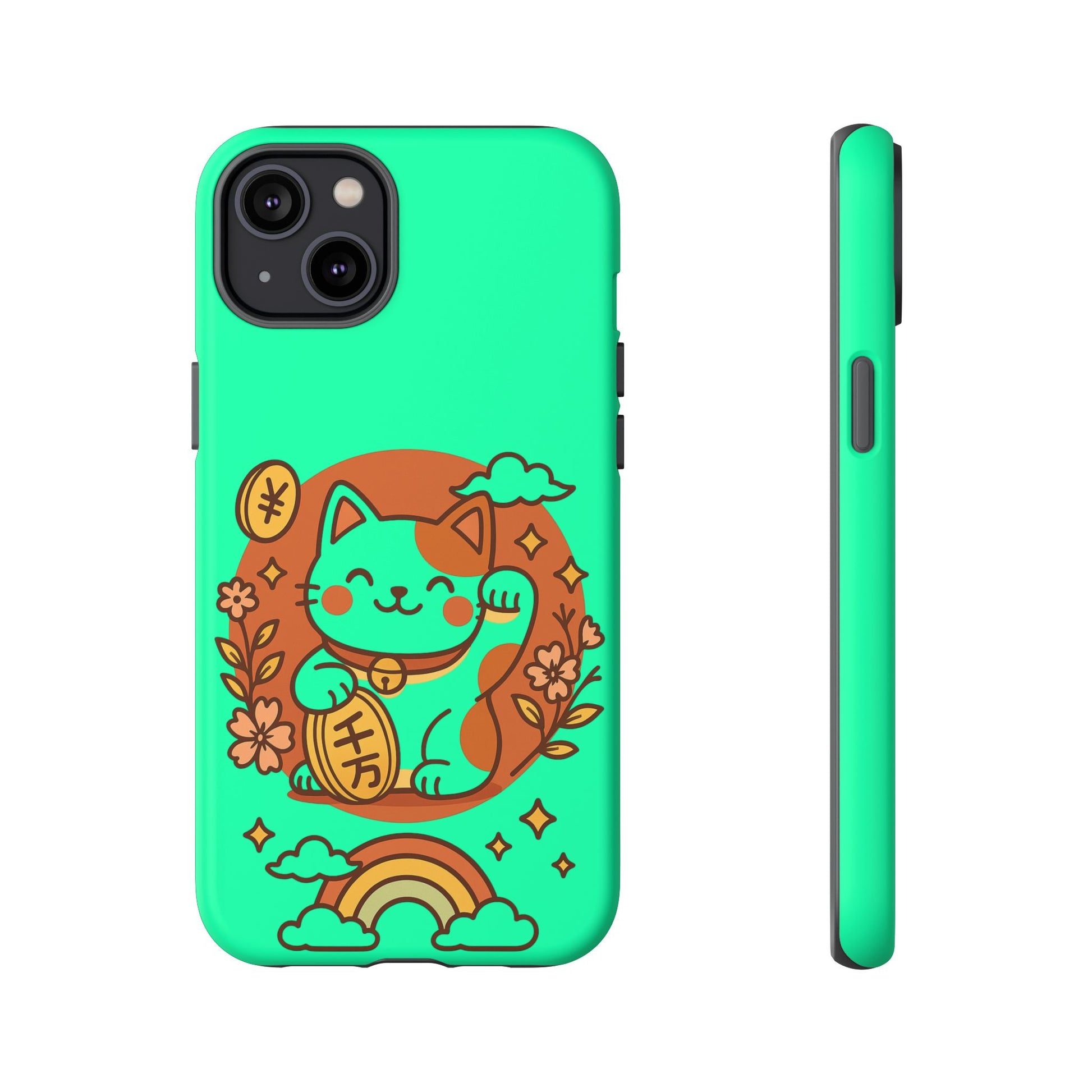 The Printify Japanese Kawaii Lucky Cat Protective Phone Case in mint green features a lucky cat with flowers, coins, clouds, and a rainbow, shown from back and side views.