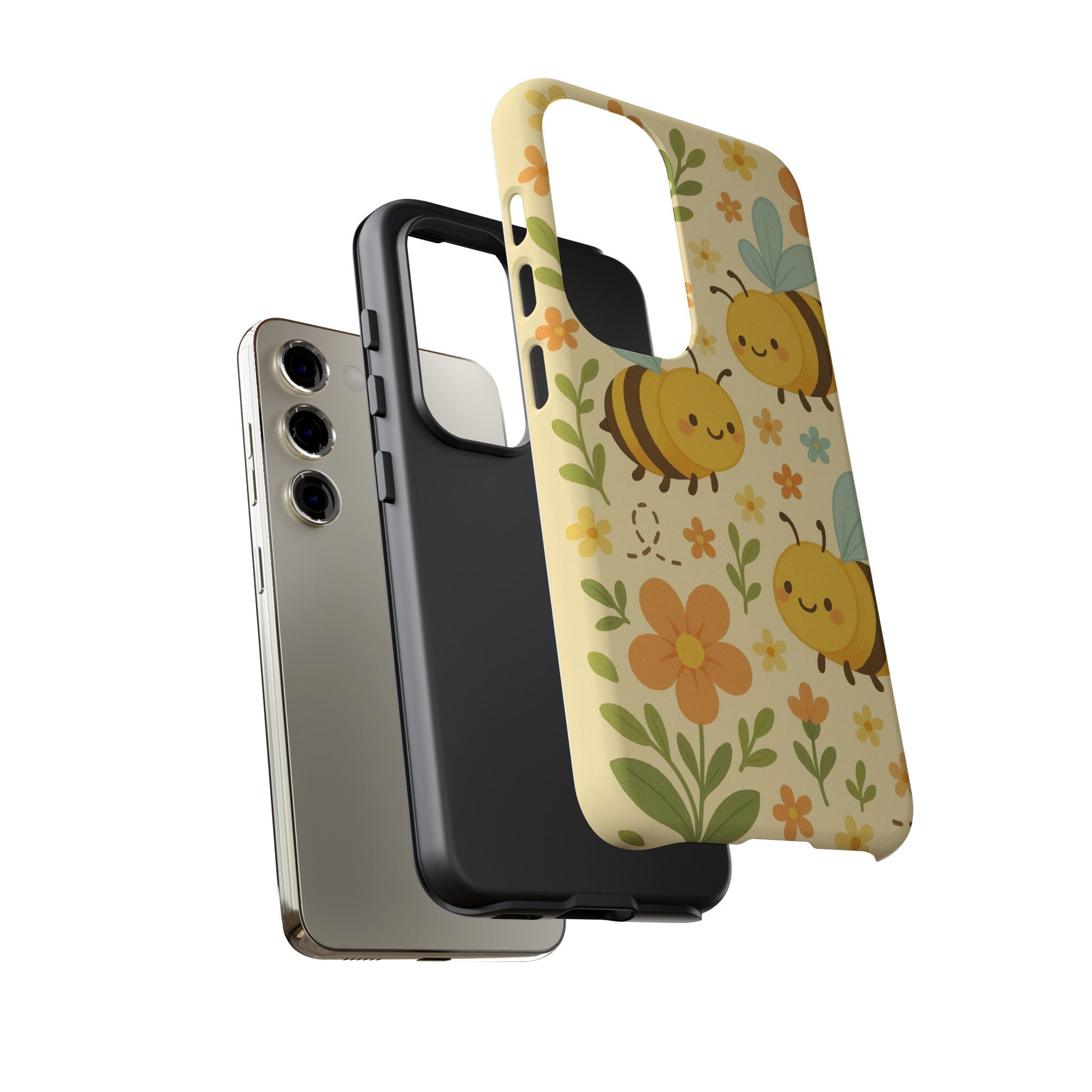 The Cute Cartoon Floral Bee Tough Phone Case by Printify features cartoon bees and flowers in yellow on a protective black case—perfect for bee lovers. An exploded view showcases its durable design, all set against a white background.