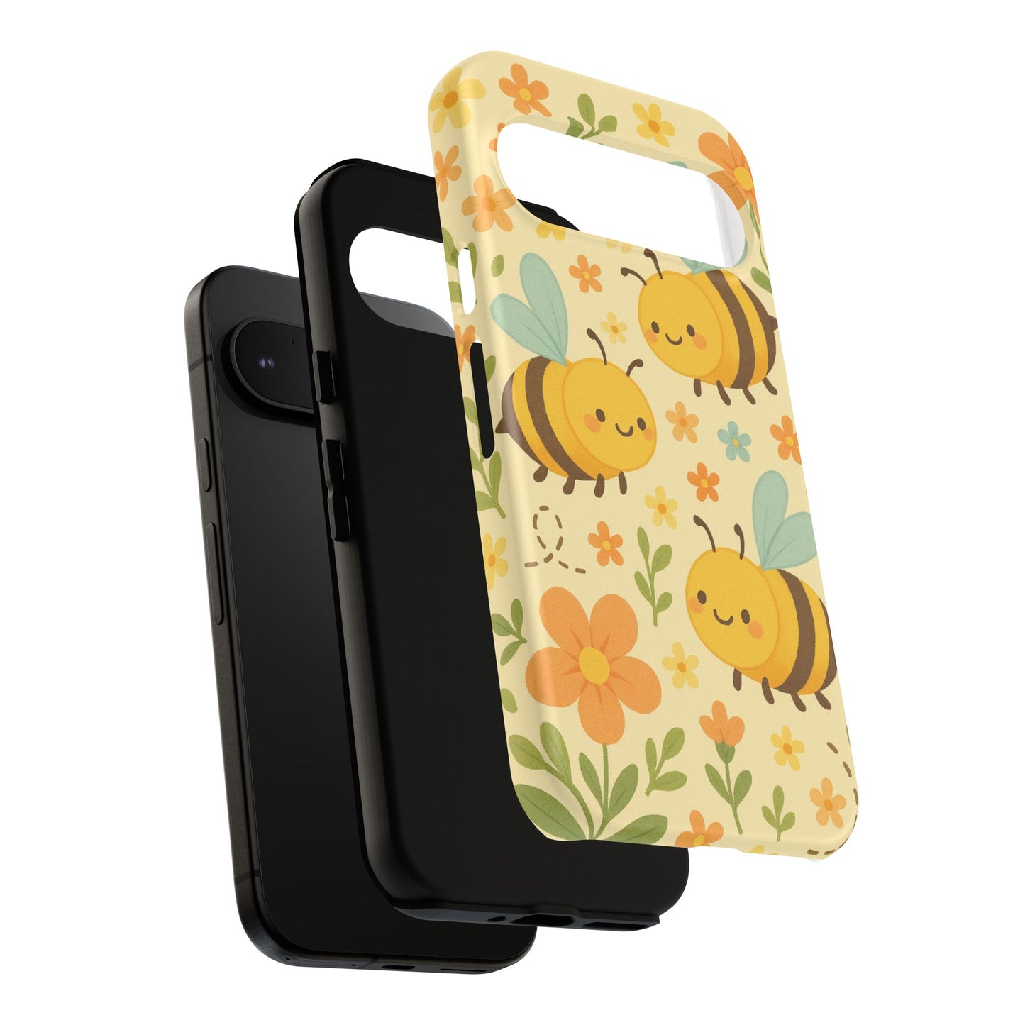 Phone case with bee and flower design on a white background
