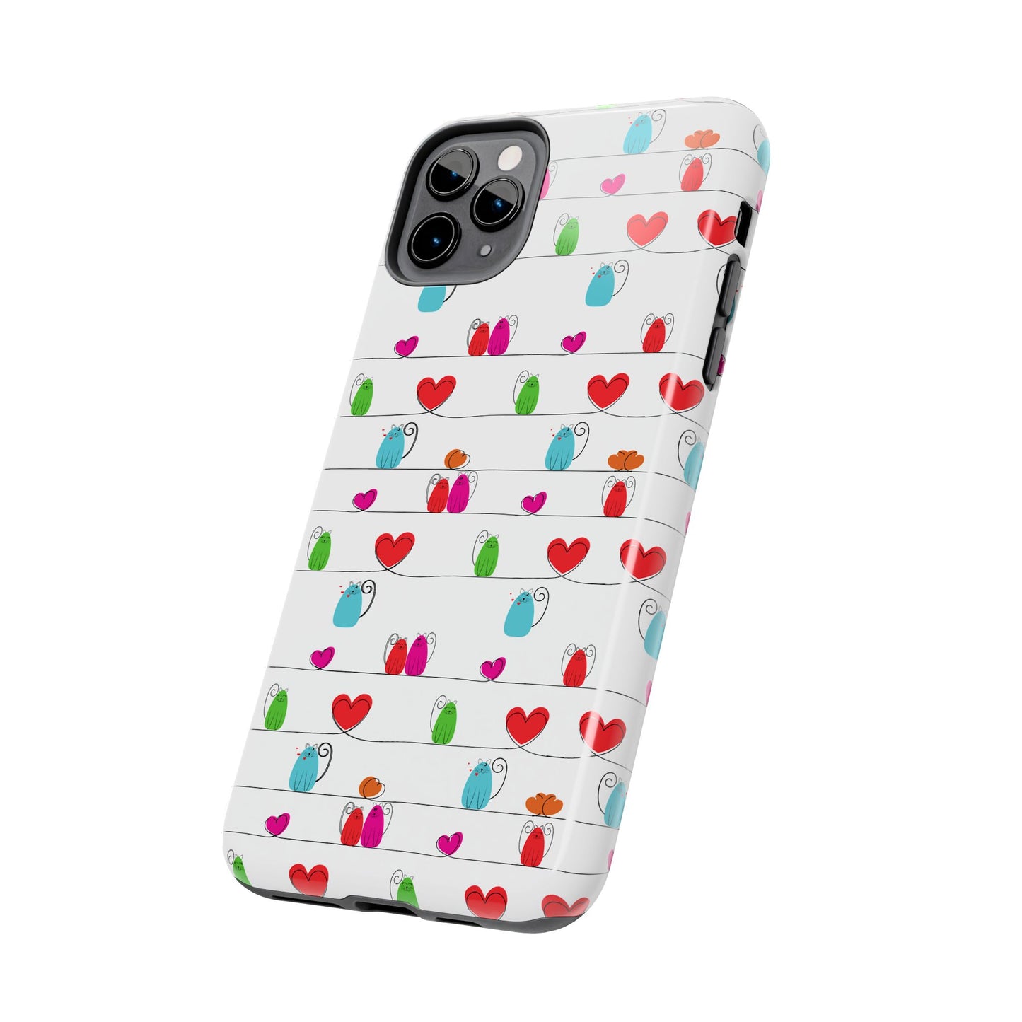 A cute and durable whimsical cat print phone cover, shown angled with the camera area visible. This impact-resistant case fits both iPhone and Samsung models.