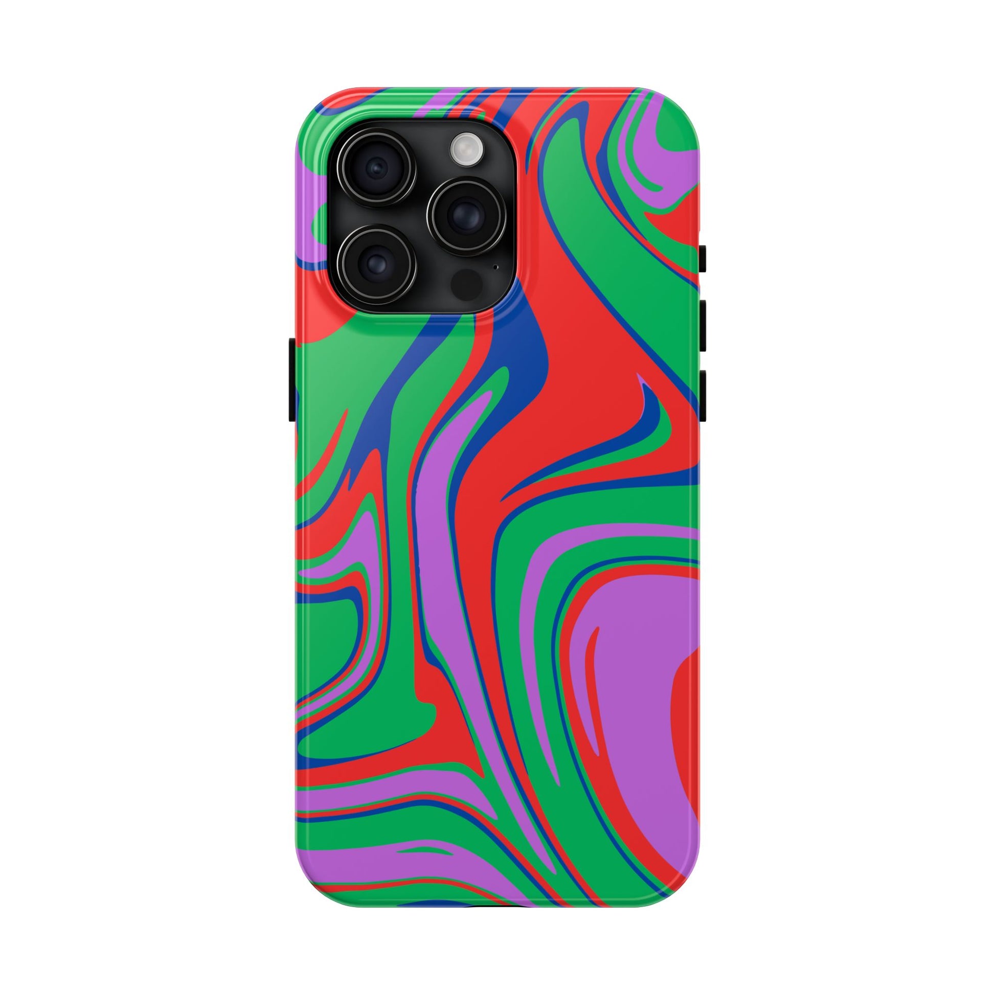 A smartphone with a tough, impact-resistant Colorful Zebra Print Phone Case featuring bold, vibrant wavy patterns in red, green, purple, and blue—perfect for iPhone and Samsung users seeking a striking, eye-catching design.