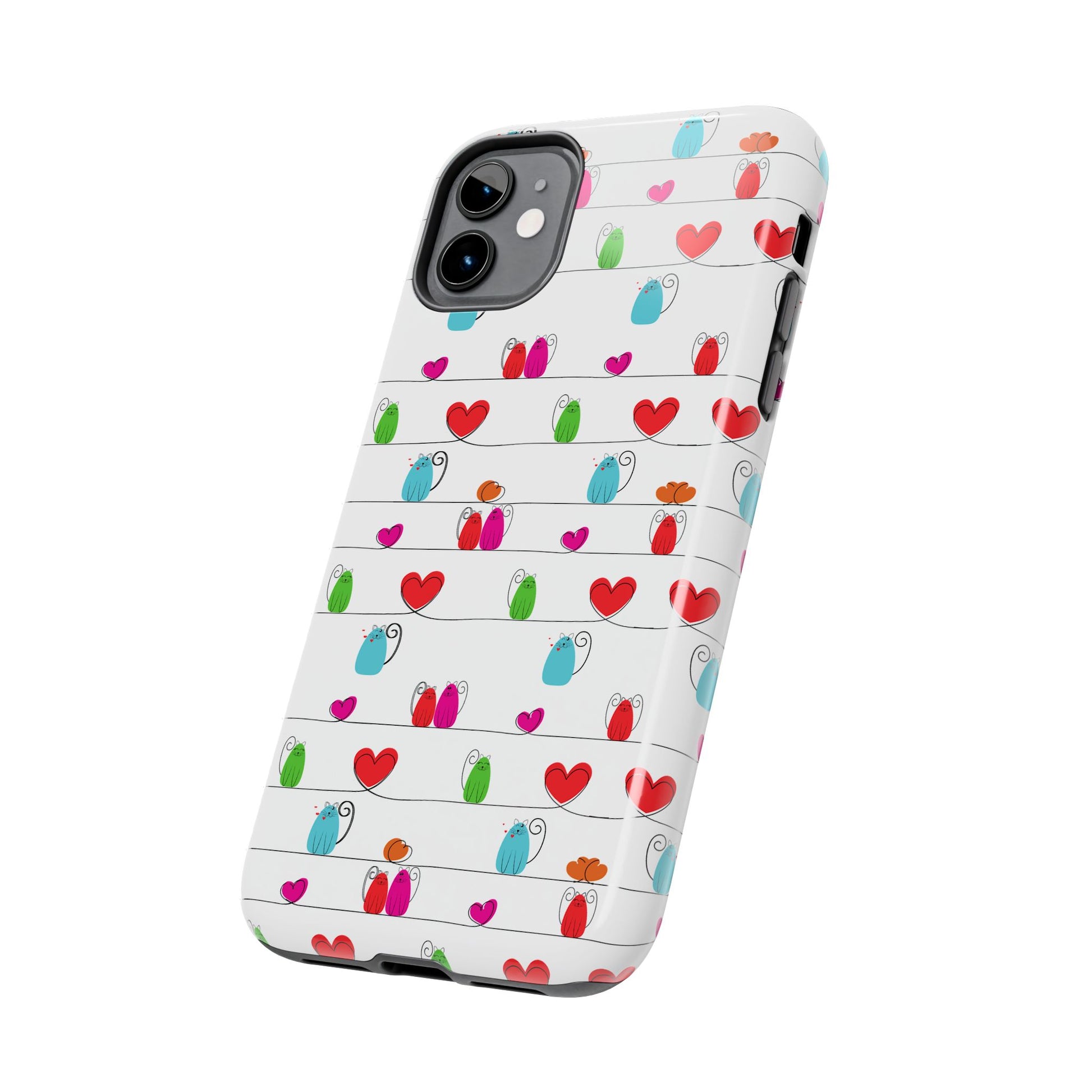 A cute and durable phone cover featuring a whimsical cat print, designed to protect your device from impacts. Compatible with iPhone and Samsung models.