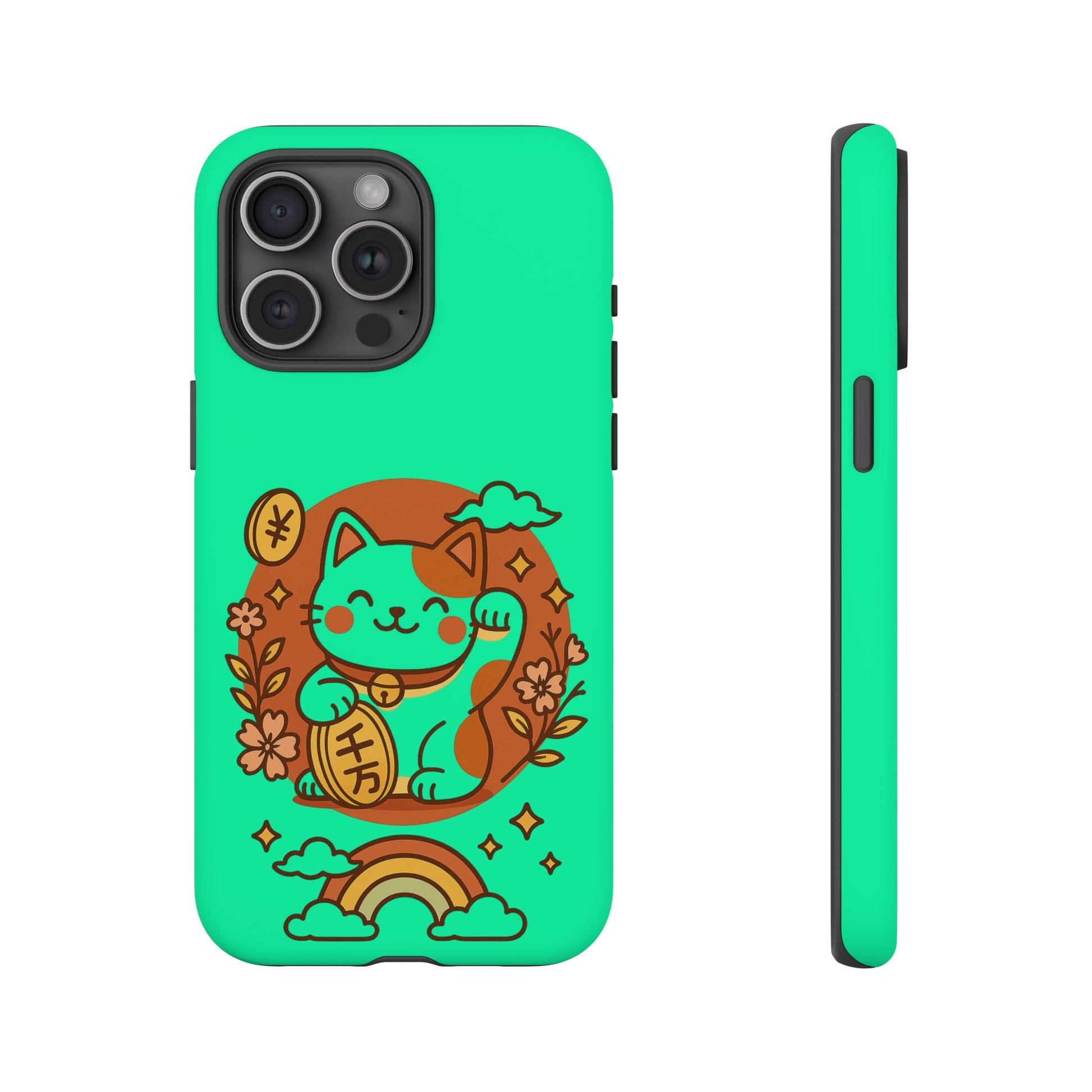 The Printify Japanese Kawaii Lucky Cat Protective Phone Case features a bright green dual-layer design with a cute cartoon waving cat, golden coin, flowers, clouds, and a rainbow. Shown in back and side views for style and protection.