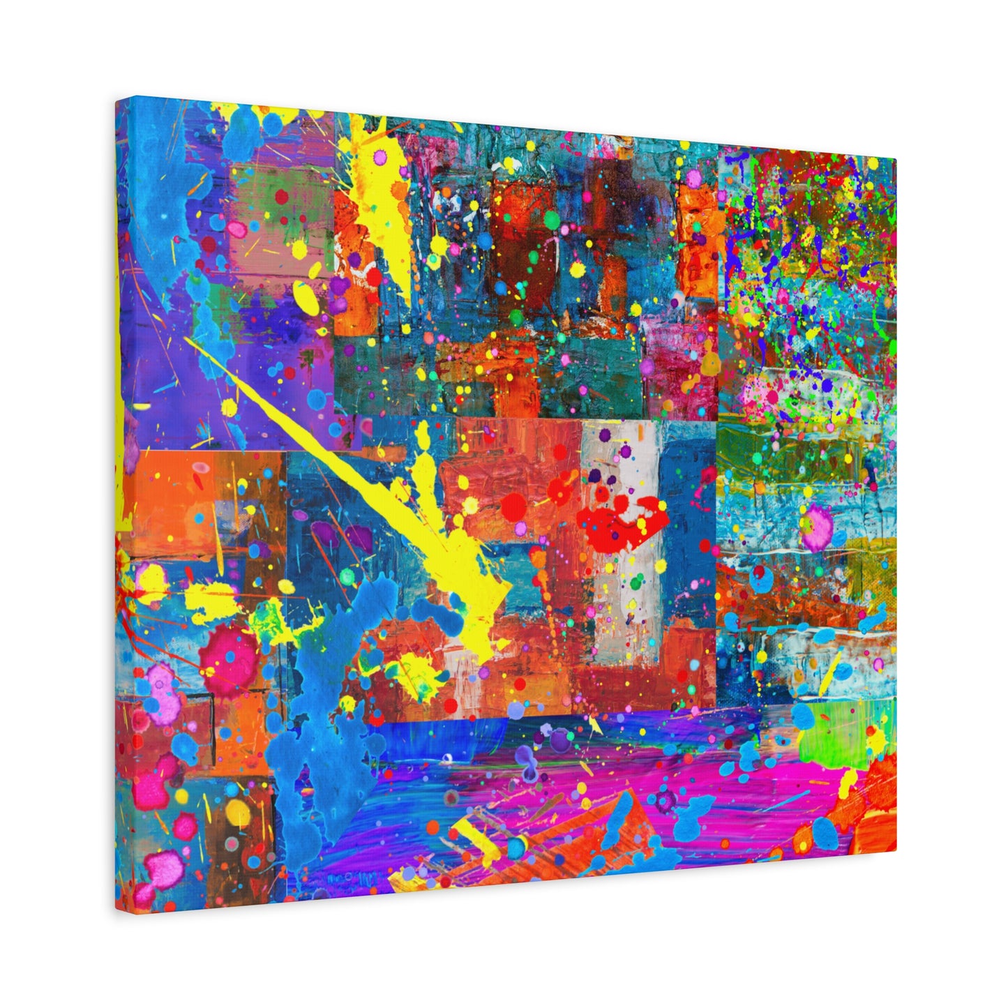 Vivid Neon Chaos Canvas Print Abstract Patchwork Splatter Art - Paragon Prints