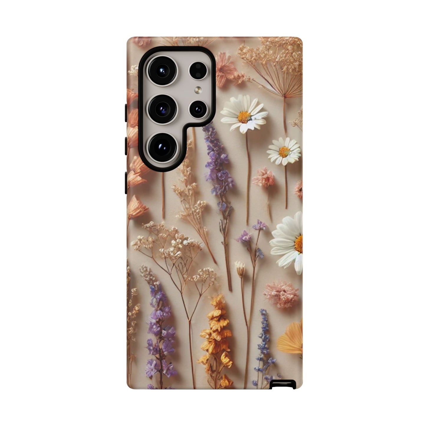 The Printify Aesthetic Pressed Flower Floral Design Phone Cover displays white daisies, purple lavender, and orange and cream blossoms arranged on a light beige background for a charming look.