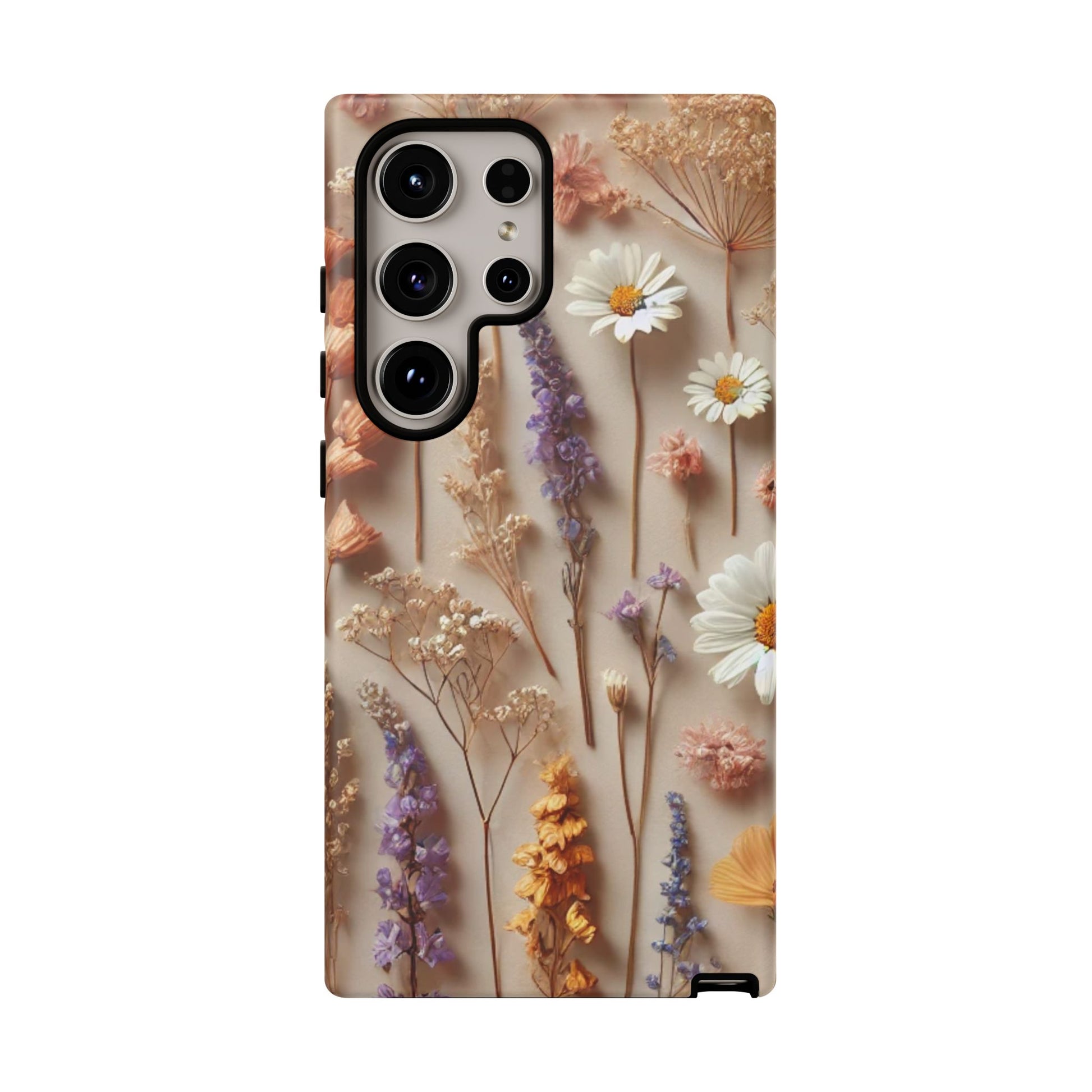 The Printify Aesthetic Pressed Flower Floral Design Phone Cover displays white daisies, purple lavender, and orange and cream blossoms arranged on a light beige background for a charming look.