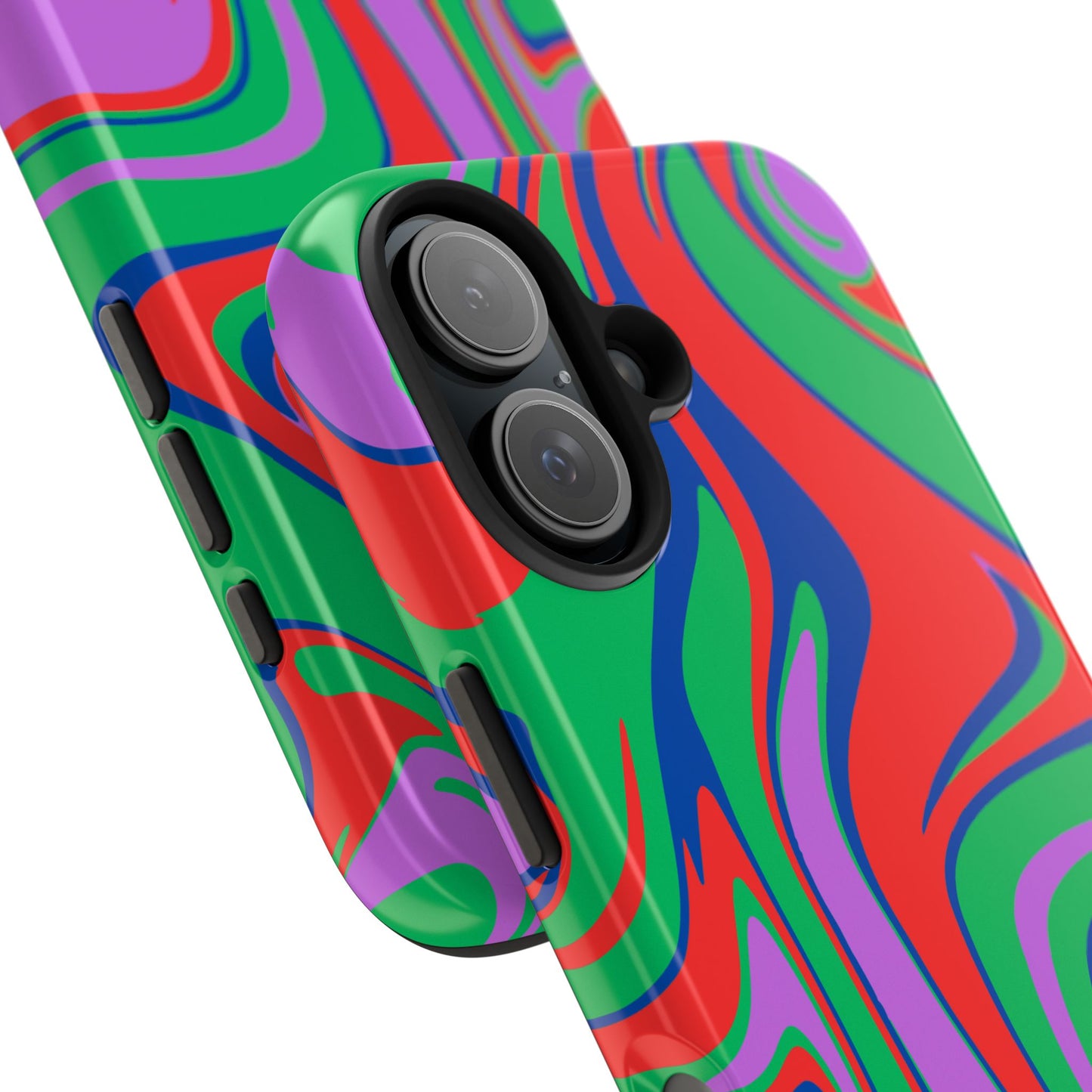 Close-up of two impact-resistant Colorful Zebra Print Phone Cases for iPhone and Samsung, showcasing a bold, abstract swirl design in green, red, purple, and blue. Camera lenses and side buttons remain clearly visible.