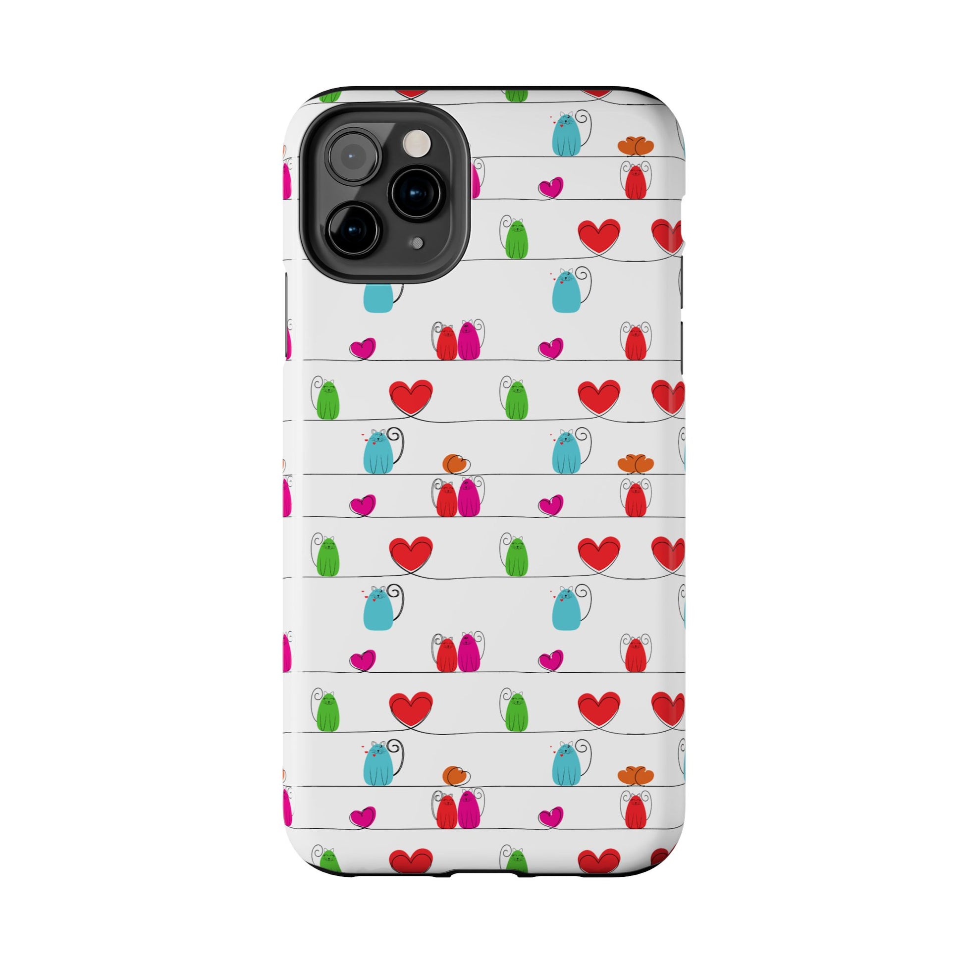 This cute, durable phone cover fits iPhone and Samsung, featuring a whimsical cat print with playful cartoon felines and hearts on a crisp white background.