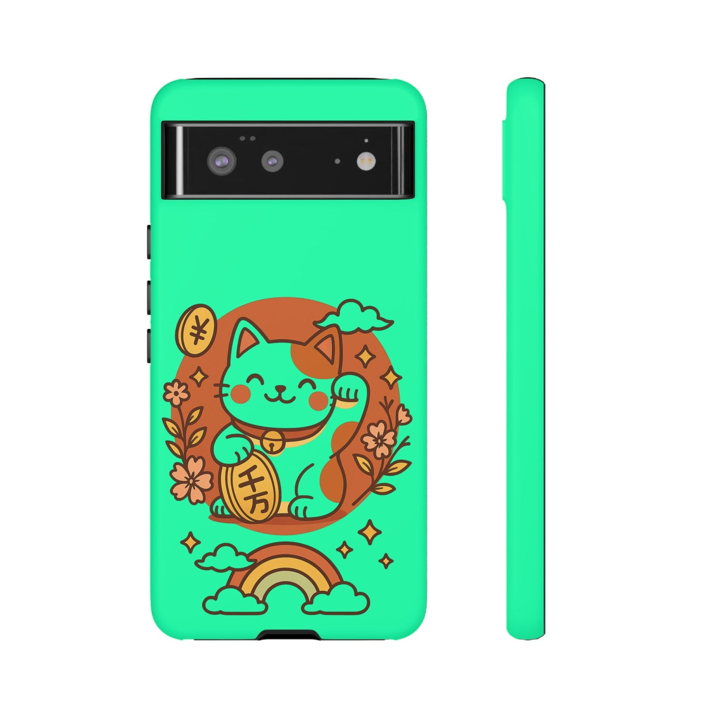 The Printify Japanese Kawaii Lucky Cat Protective Phone Case has a mint-green dual-layer design with a cute cartoon lucky cat, flowers, coins, clouds, and rainbow on a brown circle background, leaving the phone camera visible at the top.