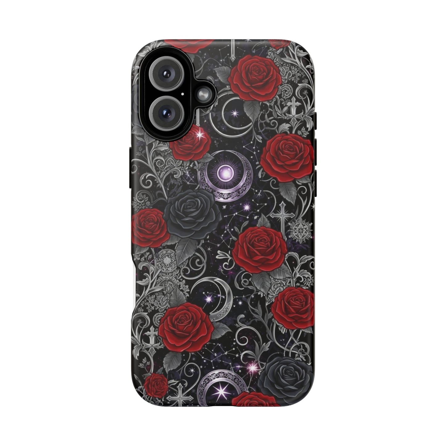 The Dark Gothic Red Roses Matte Tough Phone Case by Printify features red roses, silver ornate patterns, stars, crescent moons, and sparkling accents on a sleek and durable matte finish.
