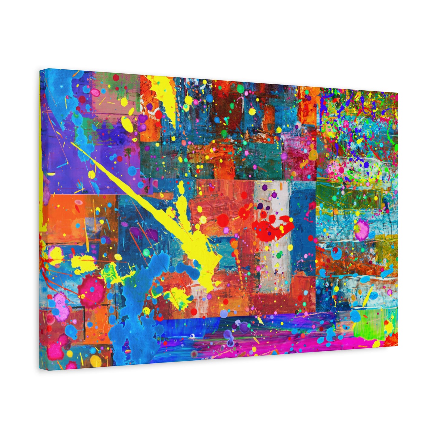 Vivid Neon Chaos Canvas Print Abstract Patchwork Splatter Art - Paragon Prints
