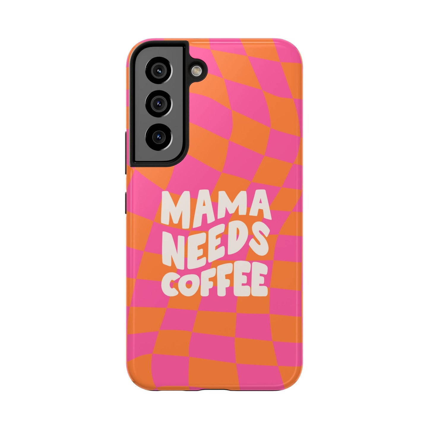 The Mama Needs Coffee Funny Tough Phone Case features a wavy orange and pink checkered pattern with bold white text—perfect for moms who love coffee and a good laugh.