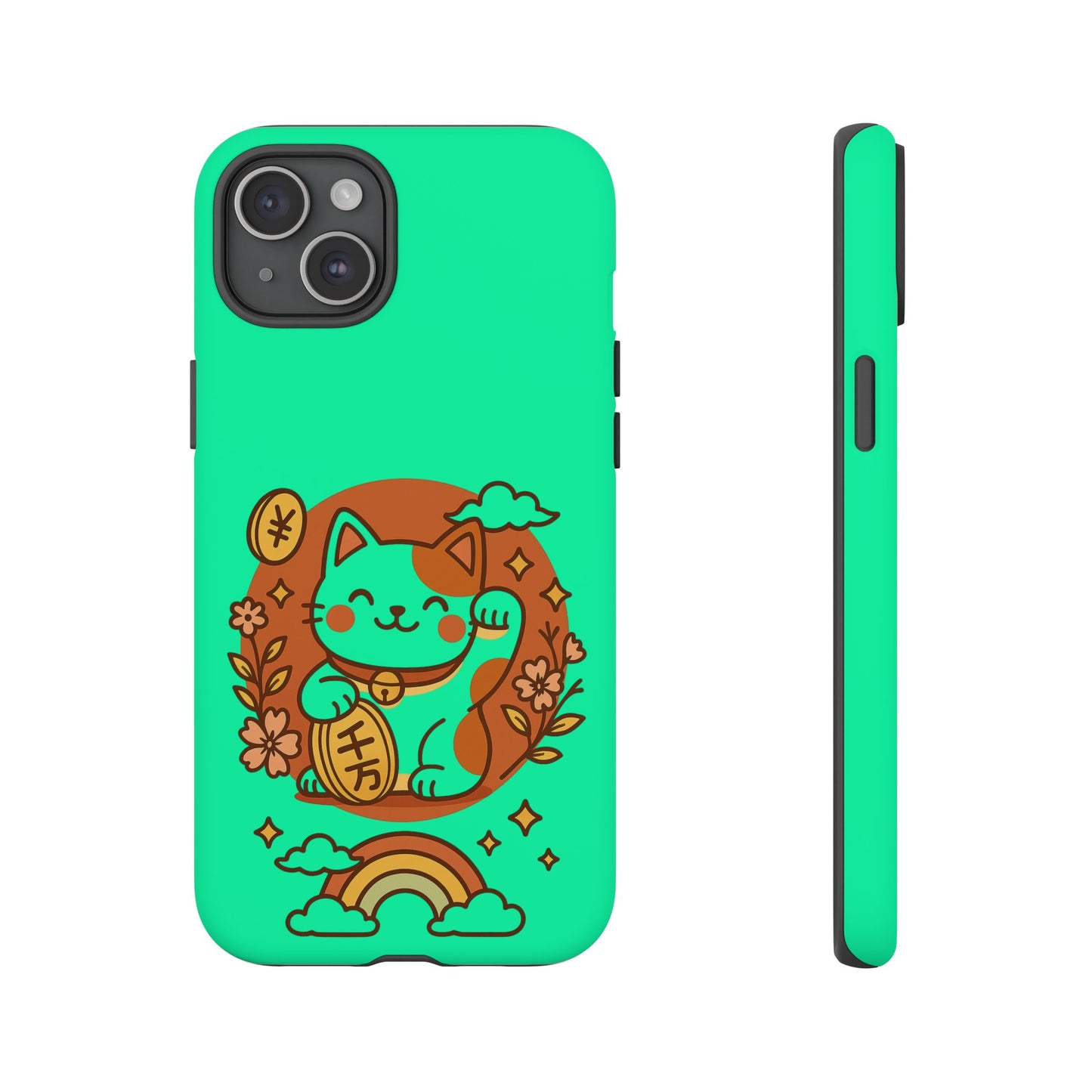 The Printify Japanese Kawaii Lucky Cat Protective Phone Case is a turquoise dual-layer case with a cute lucky cat, flowers, rainbow, clouds, and coins. Shown from back and side views, it offers vibrant, playful protection for your phone.