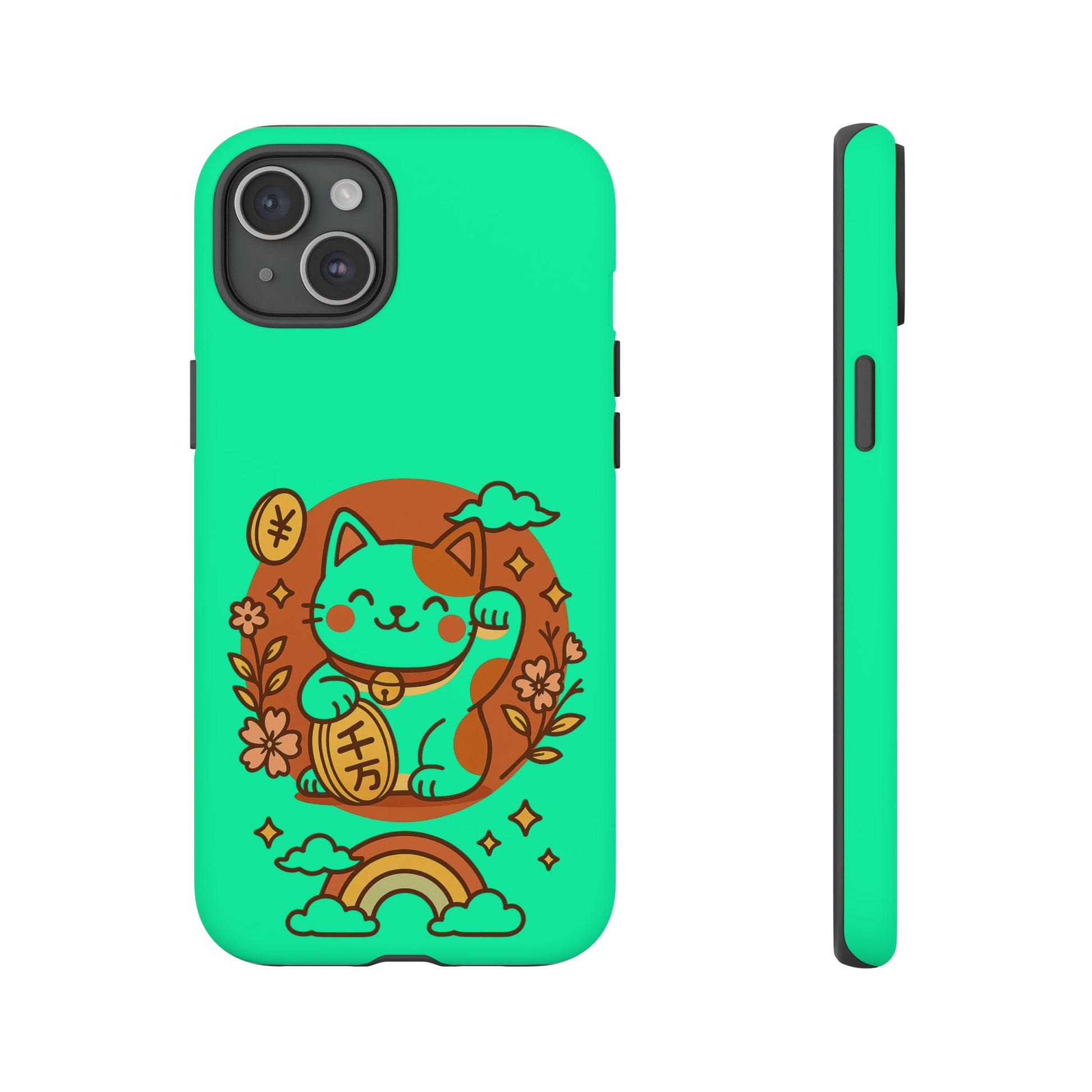 The Printify Japanese Kawaii Lucky Cat Protective Phone Case is a turquoise dual-layer case with a cute lucky cat, flowers, rainbow, clouds, and coins. Shown from back and side views, it offers vibrant, playful protection for your phone.