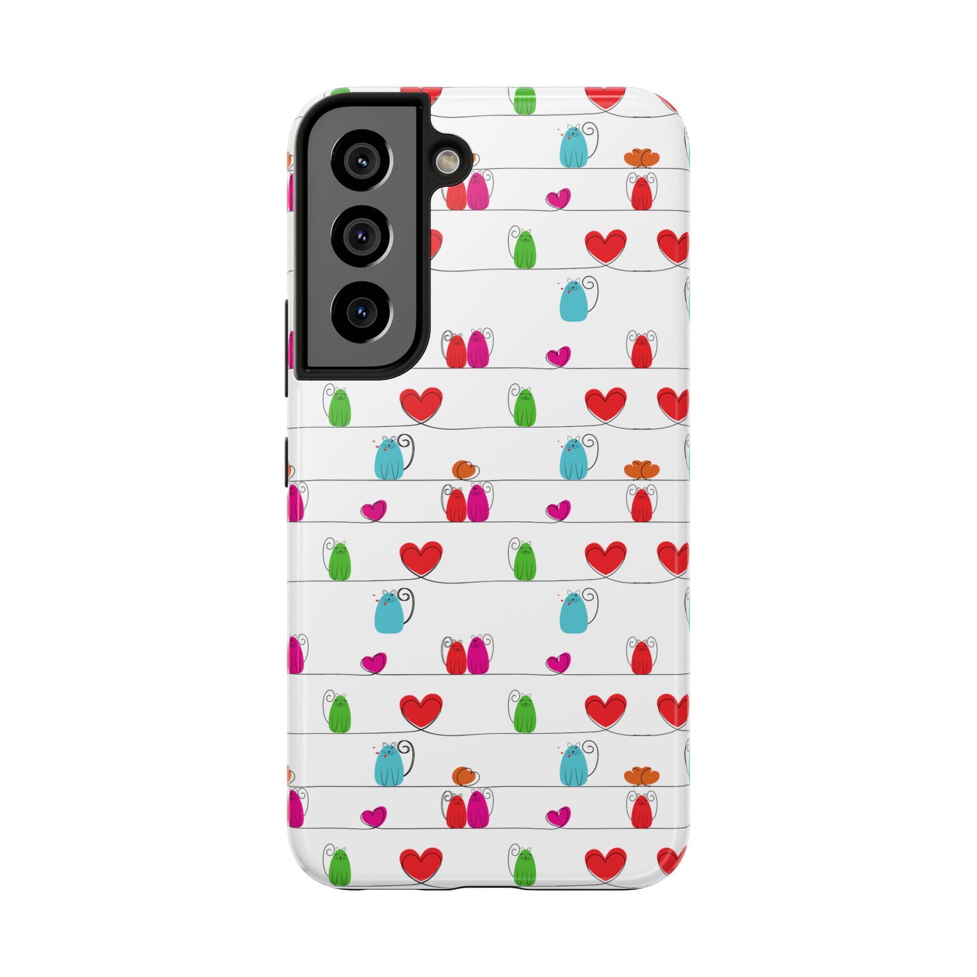 A durable phone cover with a whimsical cat print, featuring playful felines on a white background. This cute, impact-resistant case fits both iPhone and Samsung devices, combining charm and protection.