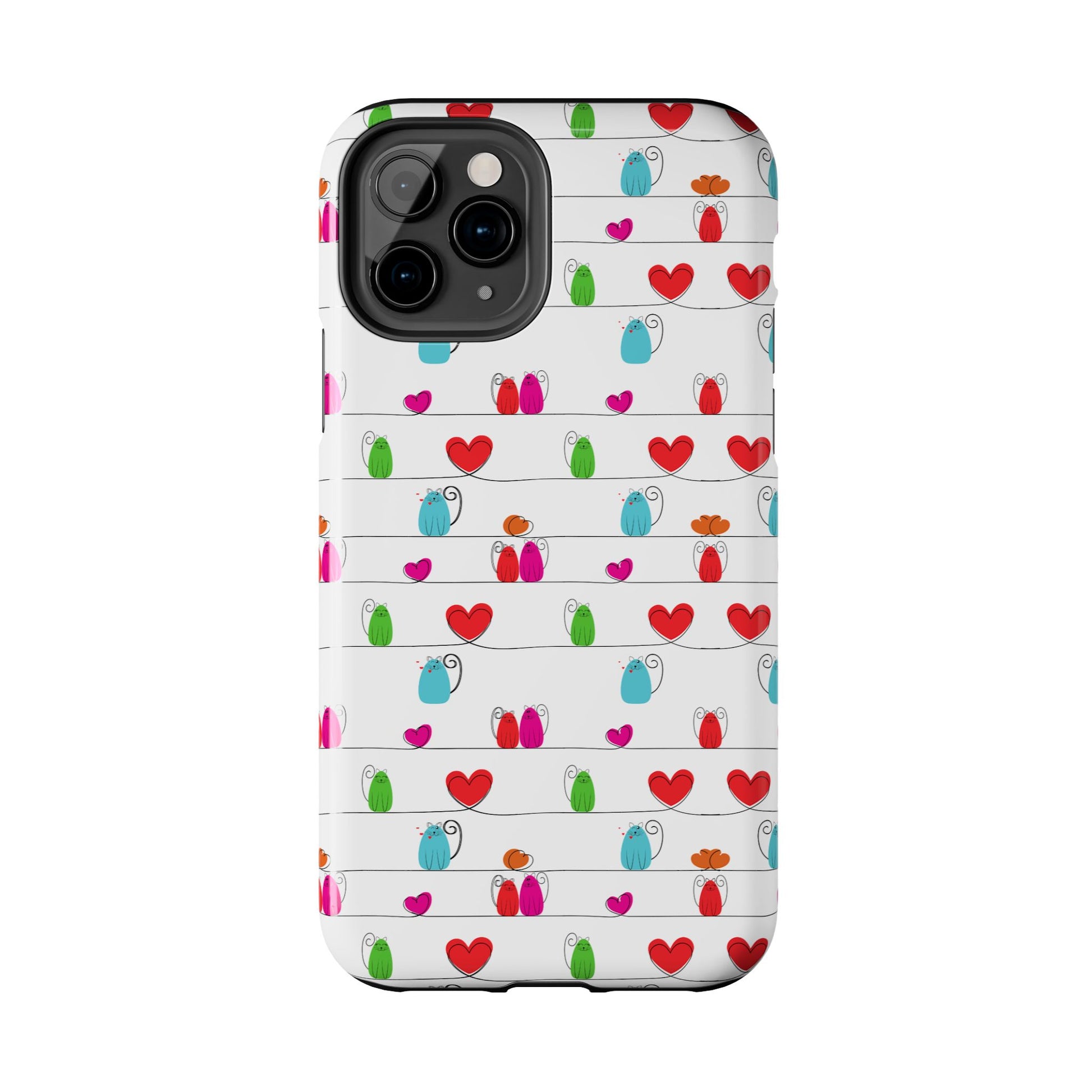 A cute and durable phone cover featuring a whimsical cat print. This impact-resistant case fits both iPhone and Samsung models.
