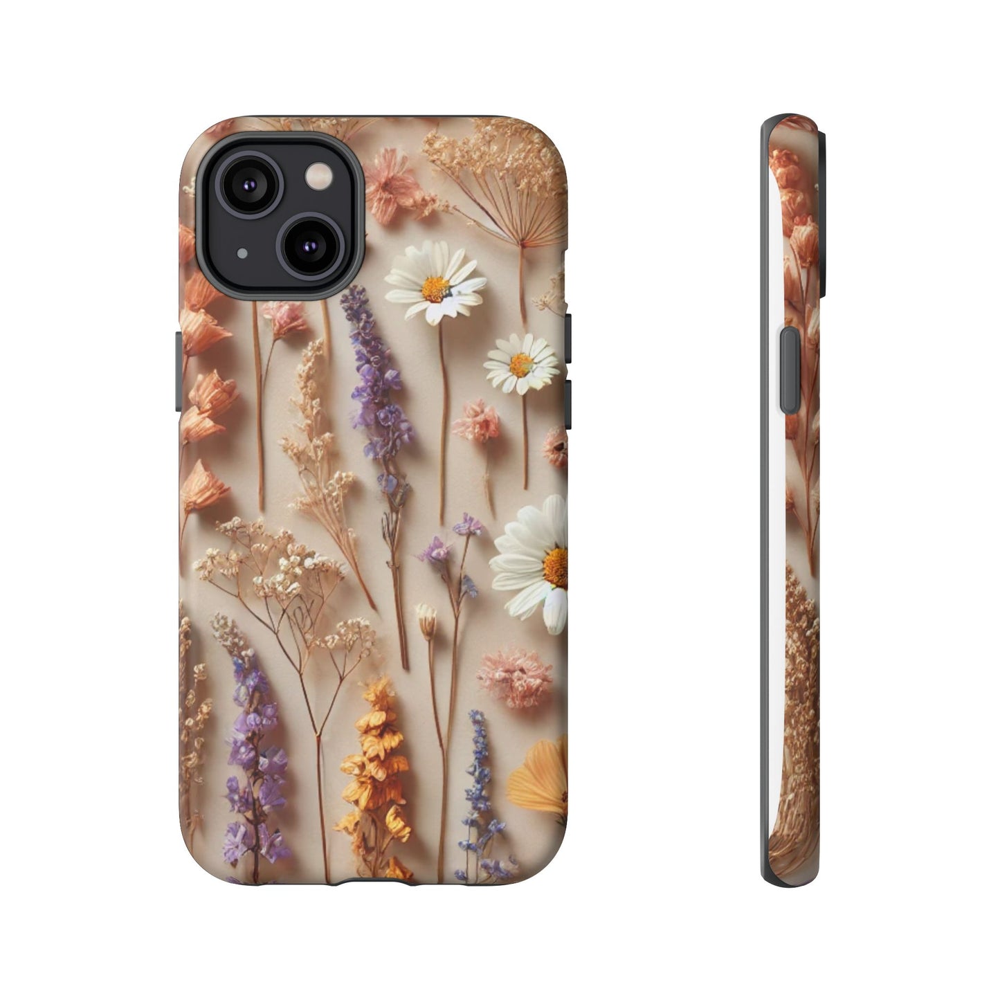 The Printify Aesthetic Pressed Flower Floral Design Phone Cover showcases real white daisies, purple, yellow, and orange flowers on a beige background, with the case shown from both back and side views.