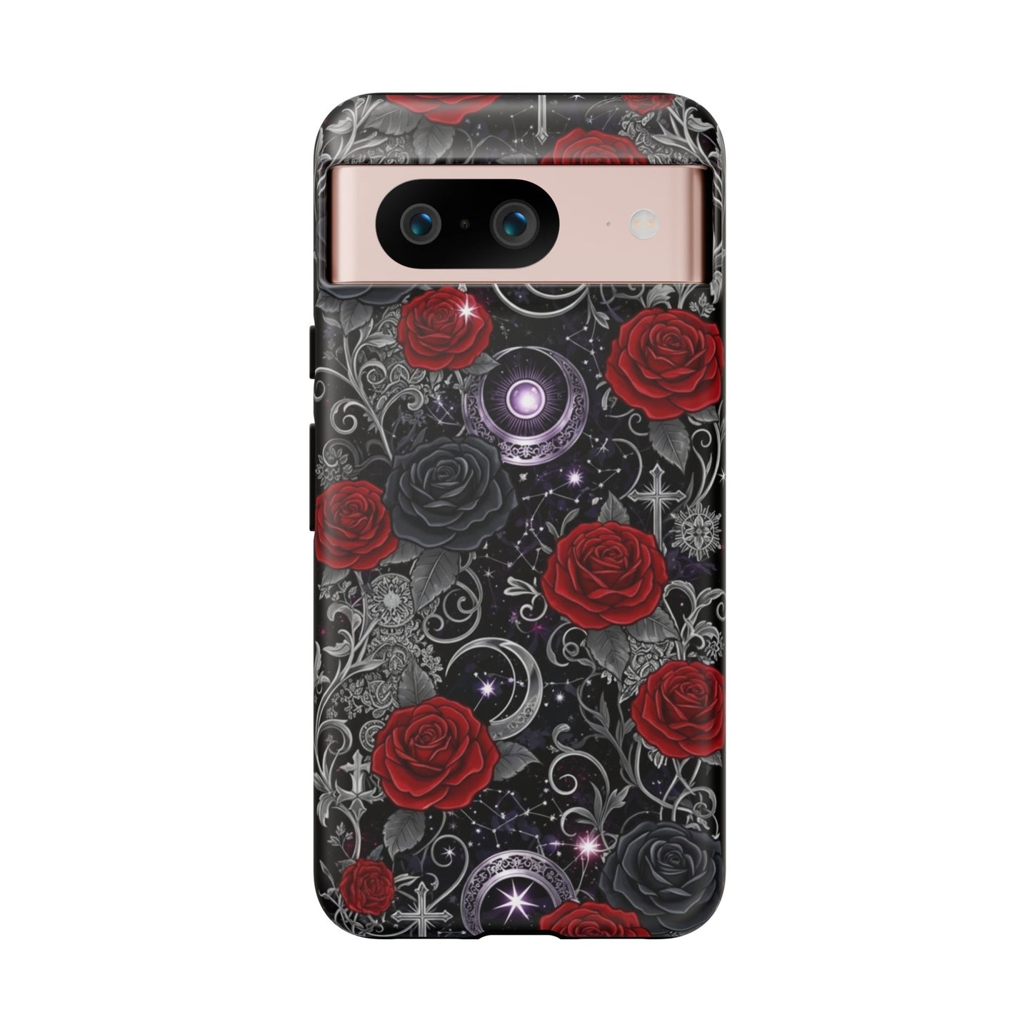 The Dark Gothic Red Roses Matte Tough Phone Cases by Printify feature intricate silver filigree, sparkling stars, crescent moons, and gothic patterns for a stunning, sleek design.