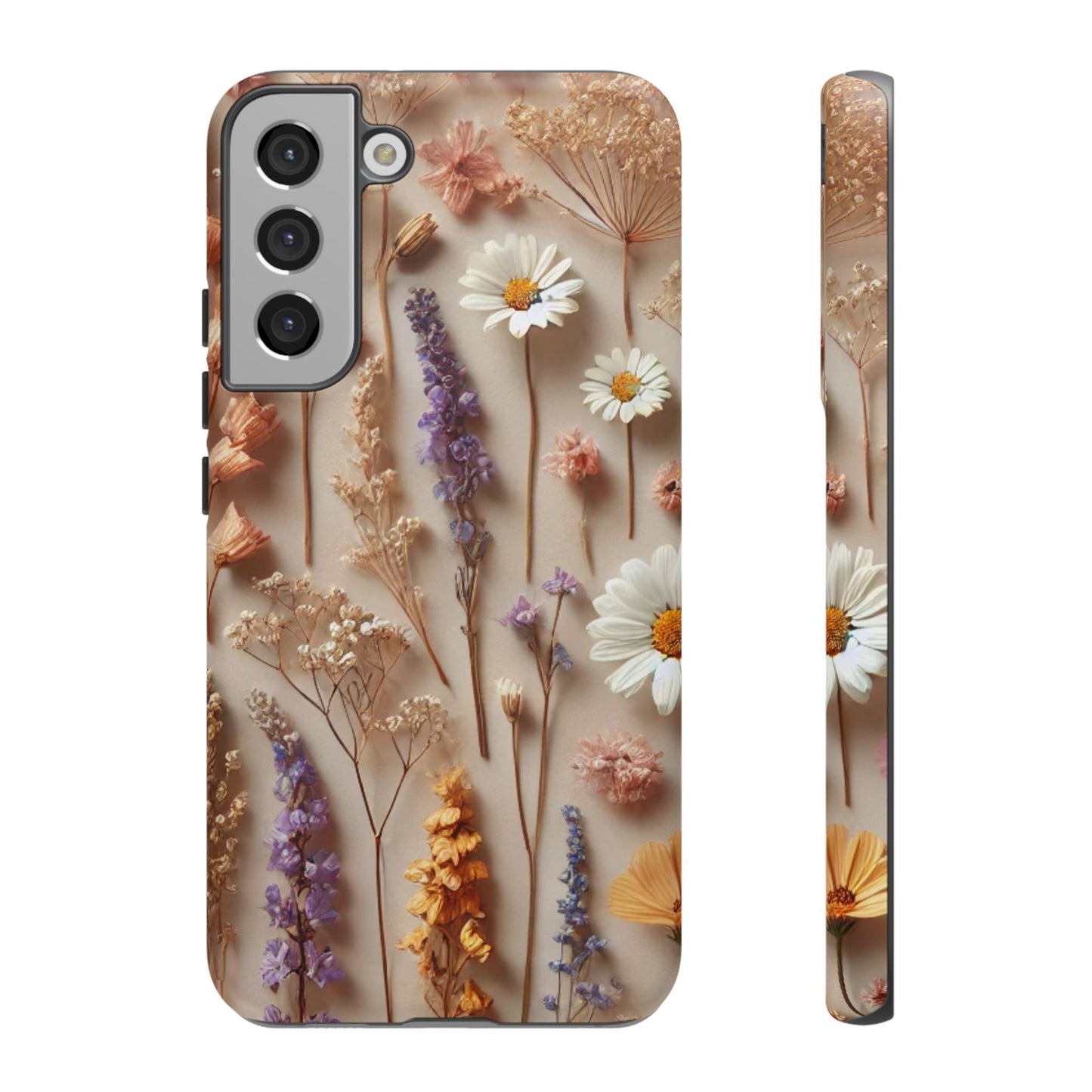 The Printify Aesthetic Pressed Flower Floral Design Phone Cover showcases daisies and lavender arranged vertically on a light beige background. The image highlights both the back and side views of this stylish case.