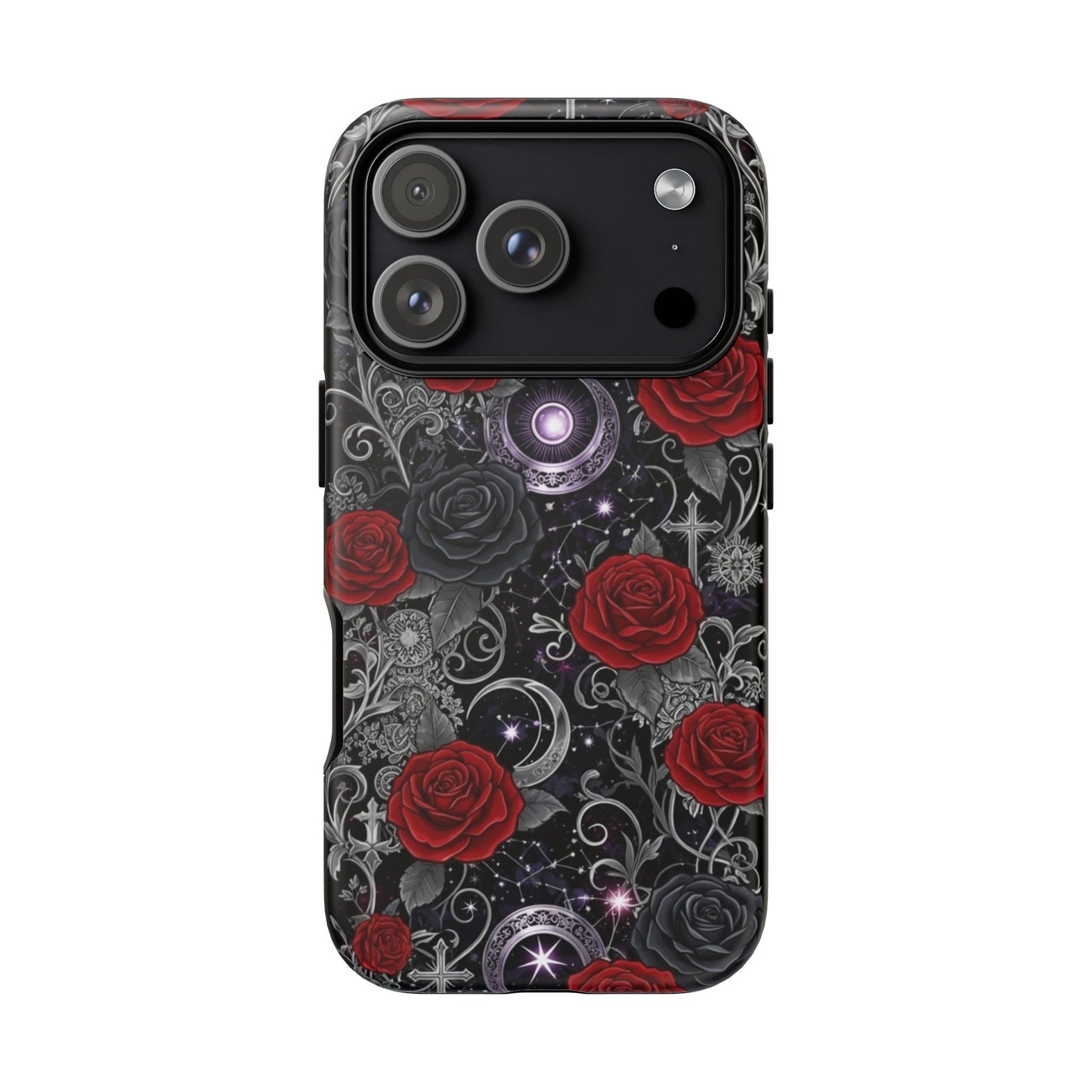 The Dark Gothic Red Roses Matte Tough Phone Case by Printify features red roses, silver ornate patterns, crescent moons, and stars on a dark backdrop. Designed for three-camera phones, it offers durable protection with a bold gothic style.