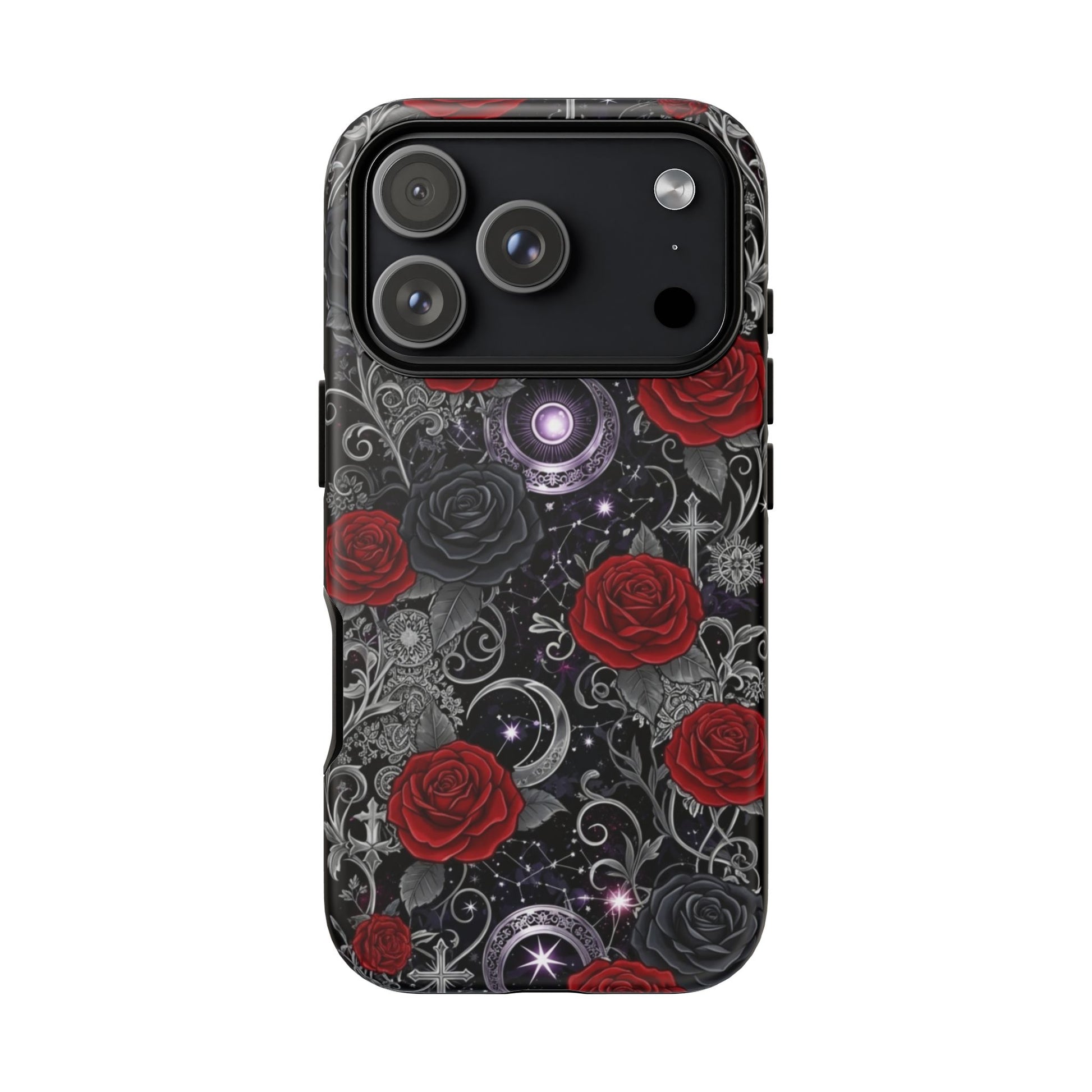 The Dark Gothic Red Roses Matte Tough Phone Case by Printify features red roses, silver ornate patterns, crescent moons, and stars on a dark backdrop. Designed for three-camera phones, it offers durable protection with a bold gothic style.
