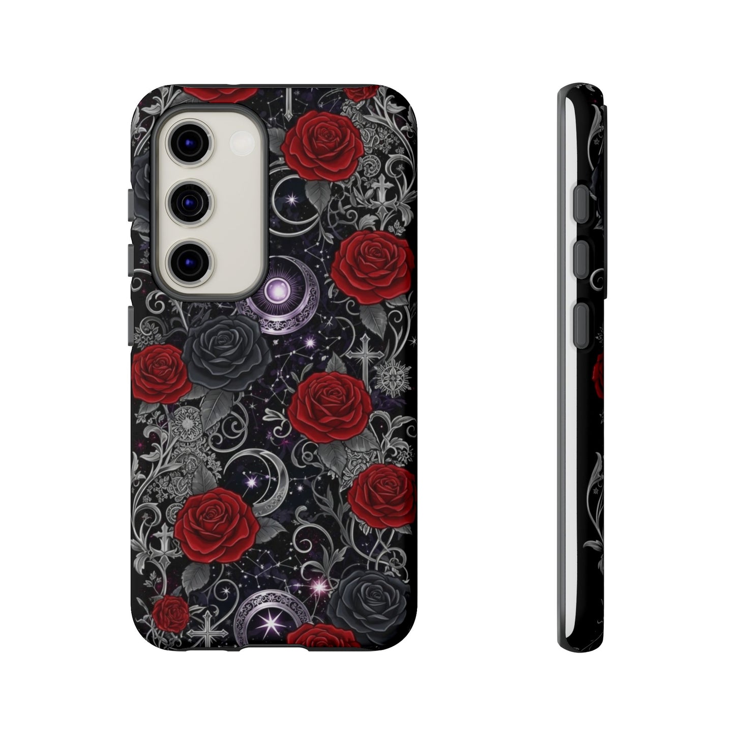 The Dark Gothic Red Roses Matte Tough Phone Case by Printify features red roses, silver vines, crescent moons, and stars on a black background. Its elegant design covers the back and sides, offering stylish, durable protection.