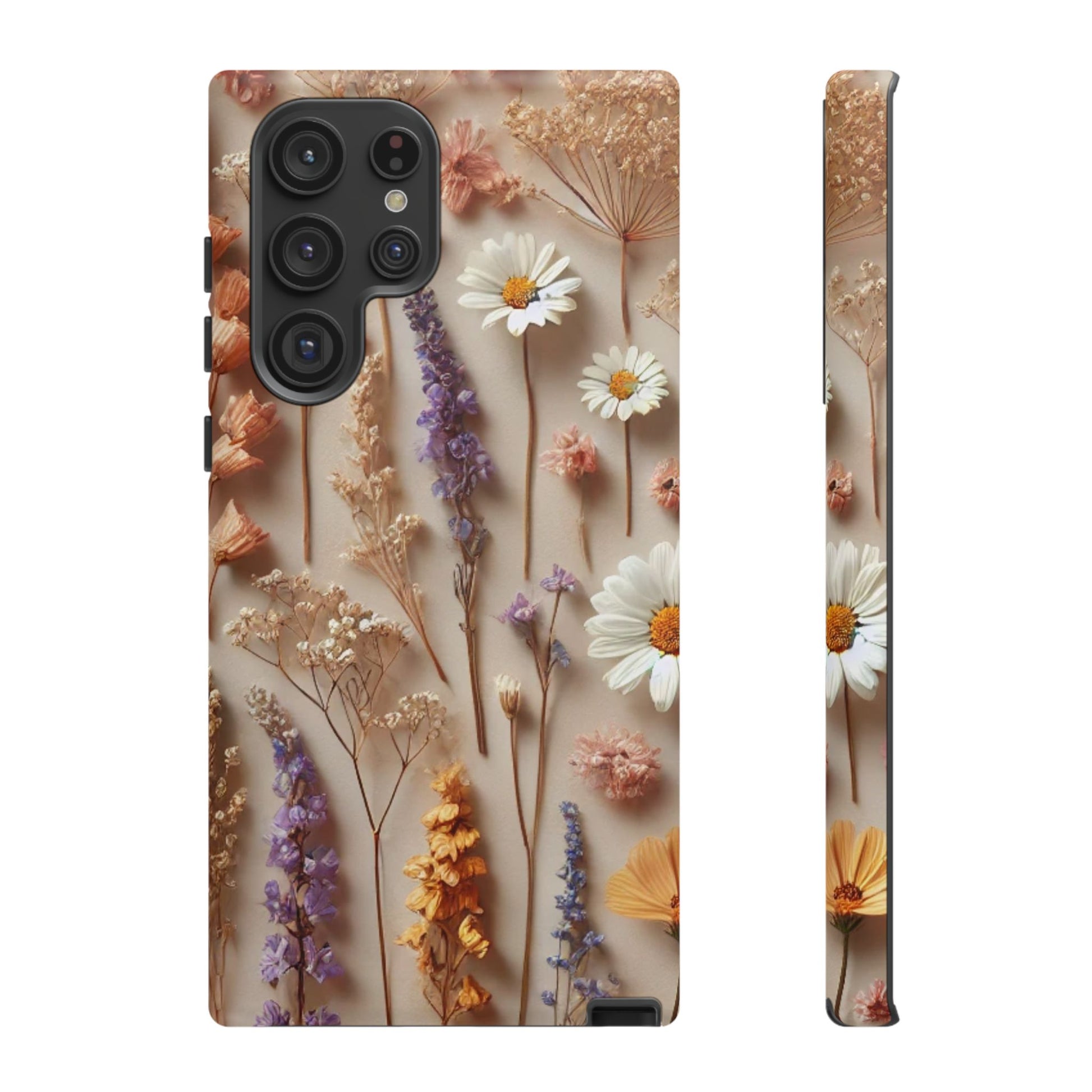 The Printify Aesthetic Pressed Flower Floral Design Phone Cover showcases daisies and lavender sprigs in white, yellow, orange, and purple, arranged in vertical rows on a beige background for an elegant, floral look.