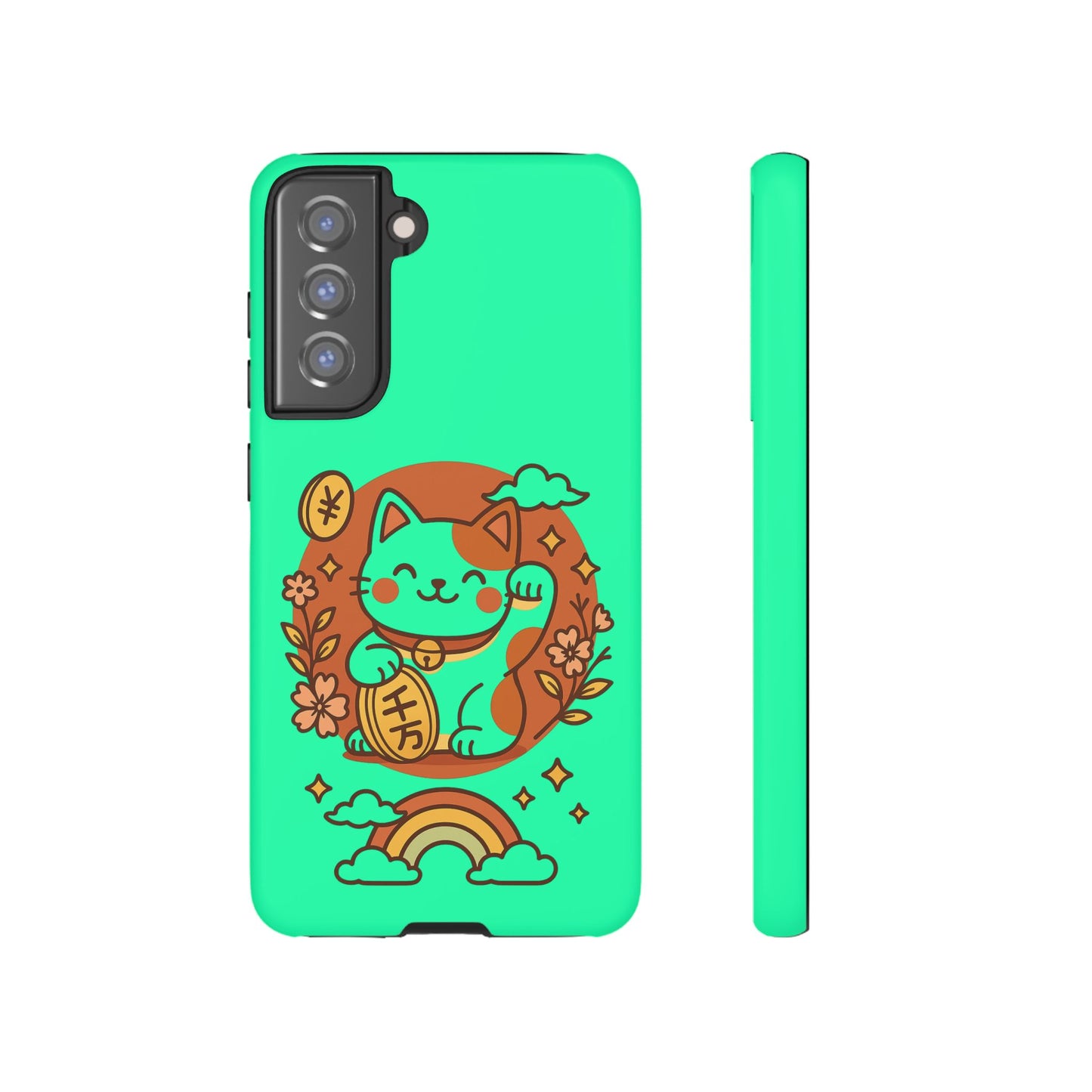 The Printify Japanese Kawaii Lucky Cat Protective Phone Case features a bright green dual layer design with a cute maneki-neko holding a gold coin, surrounded by flowers, leaves, clouds, and a rainbow, shown from back and side views.