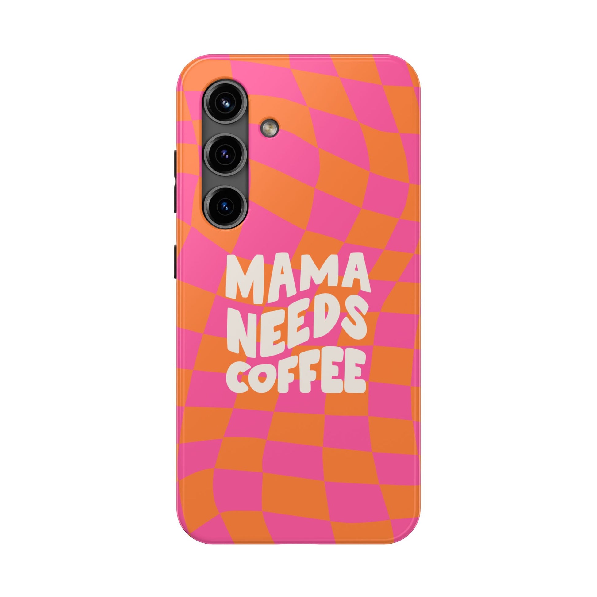 The Mama Needs Coffee Funny Tough Phone Case features bold white “MAMA NEEDS COFFEE” text on pink and orange wavy checks, making it a playful and stylish pick for coffee lovers.