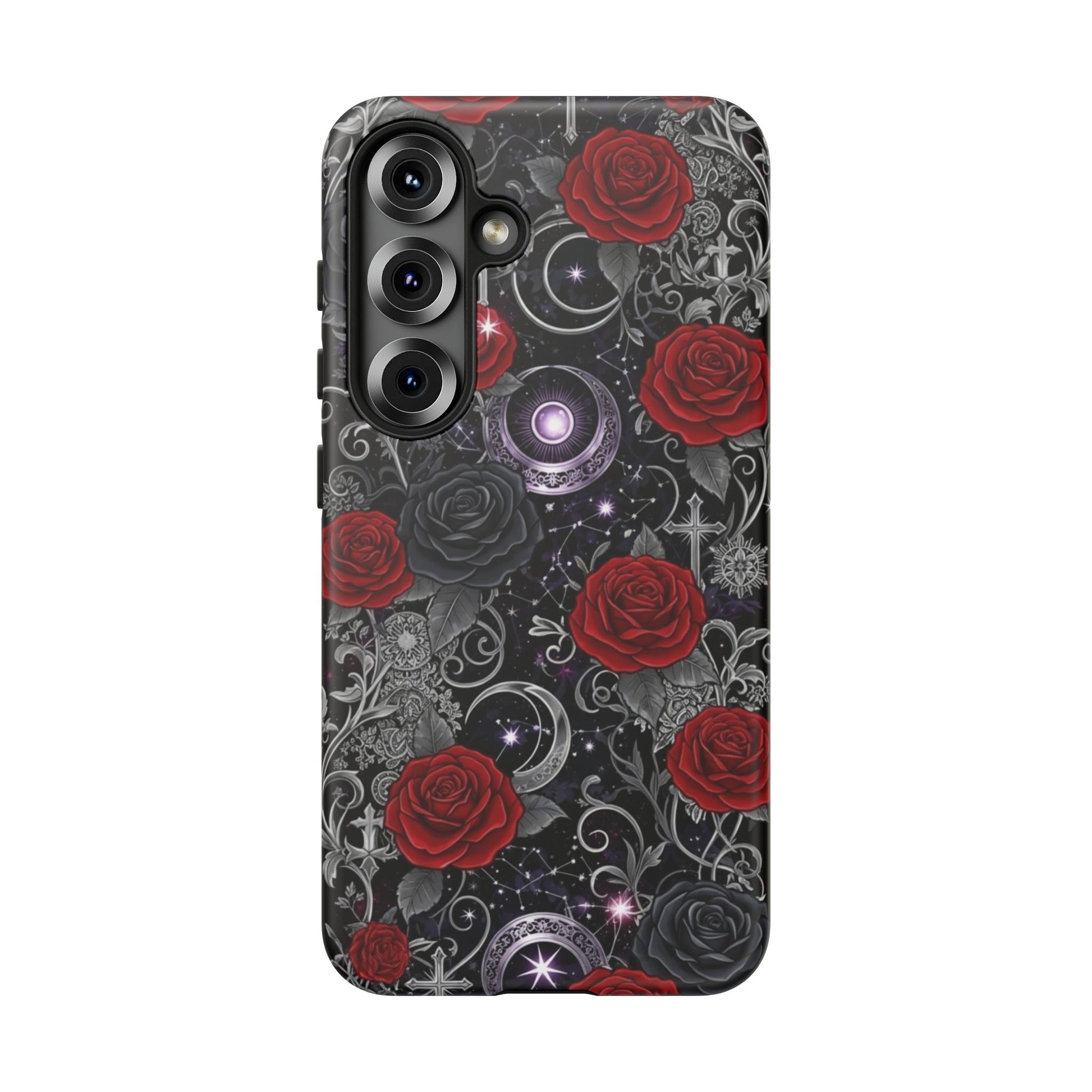The Printify Dark Gothic Red Roses Matte Tough Phone Case features red and black roses, crescent moons, stars, silver filigree, and mystical symbols on a black background for an enchanting, bold look.