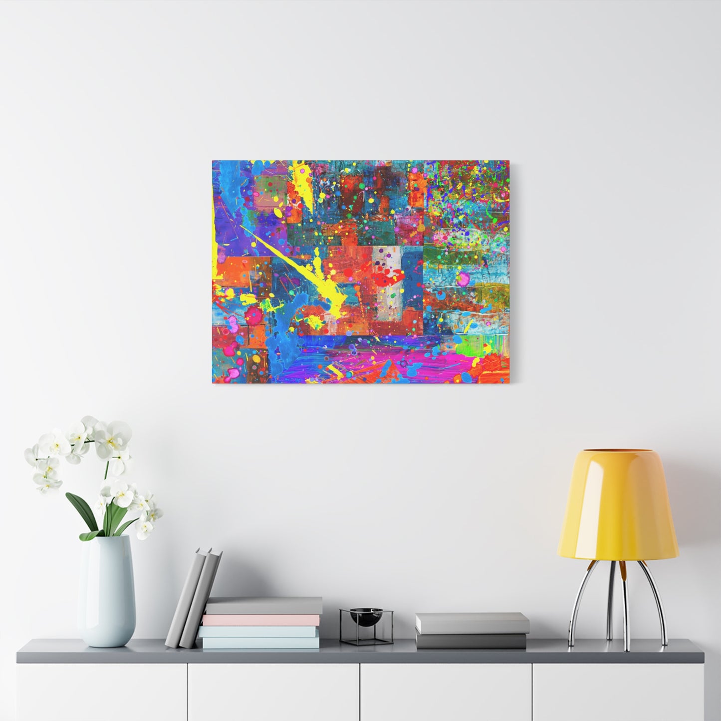 Vivid Neon Chaos Canvas Print Abstract Patchwork Splatter Art - Paragon Prints