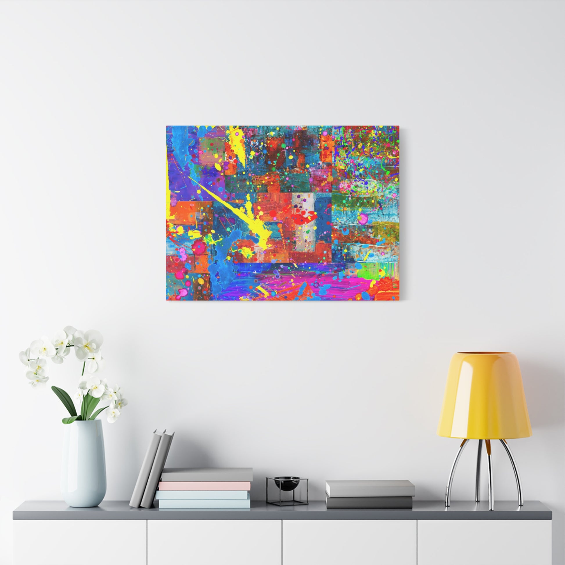 Vivid Neon Chaos Canvas Print Abstract Patchwork Splatter Art - Paragon Prints