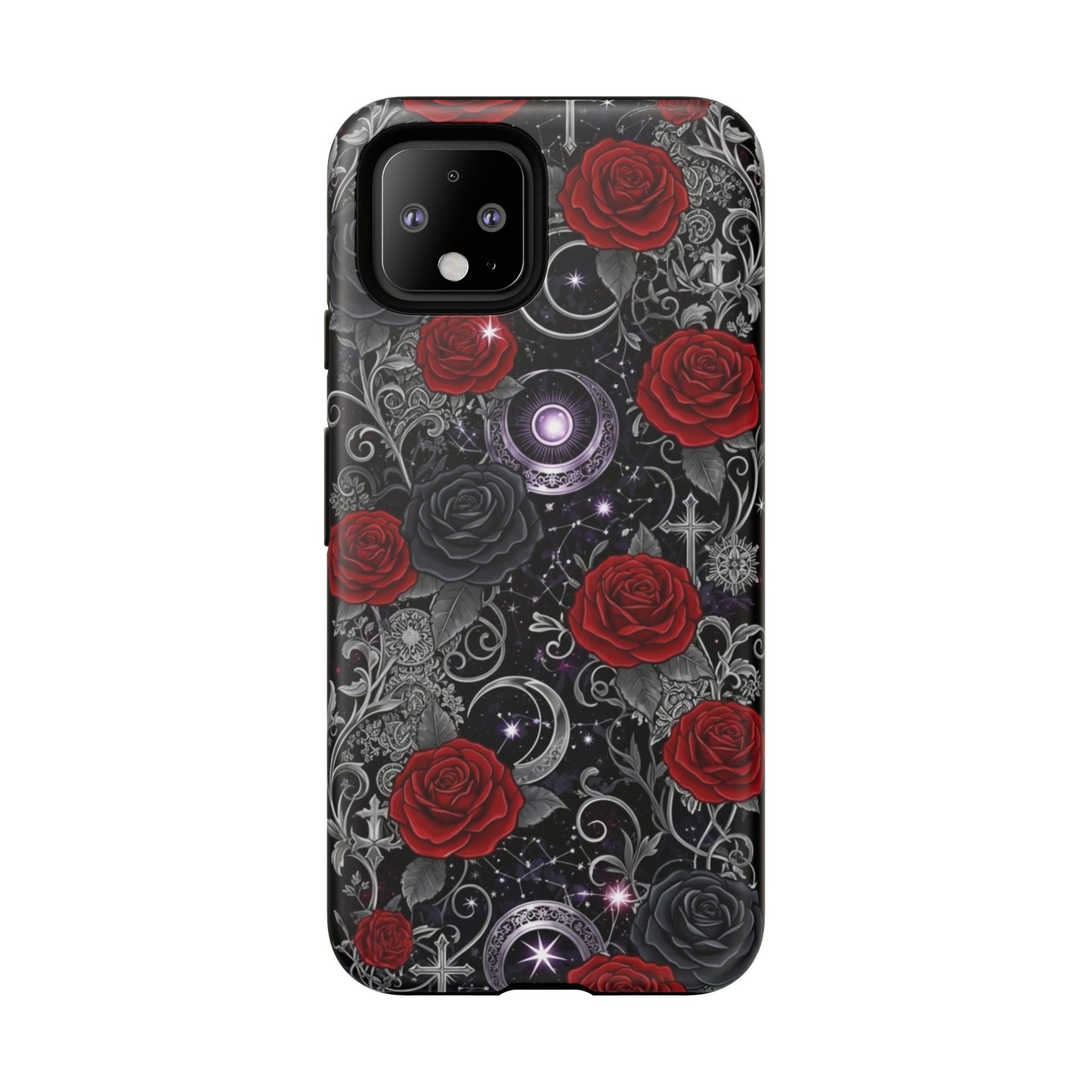The Printify Dark Gothic Red Roses Matte Tough Phone Case features red roses, silver filigree, crescent moons, stars, and swirling patterns on a deep matte background, with a stylish camera cutout in the top left for added protection.