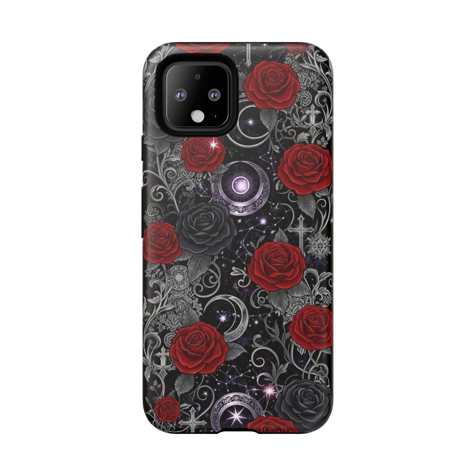 The Printify Dark Gothic Red Roses Matte Tough Phone Case features red roses, silver filigree, crescent moons, stars, and swirling patterns on a deep matte background, with a stylish camera cutout in the top left for added protection.