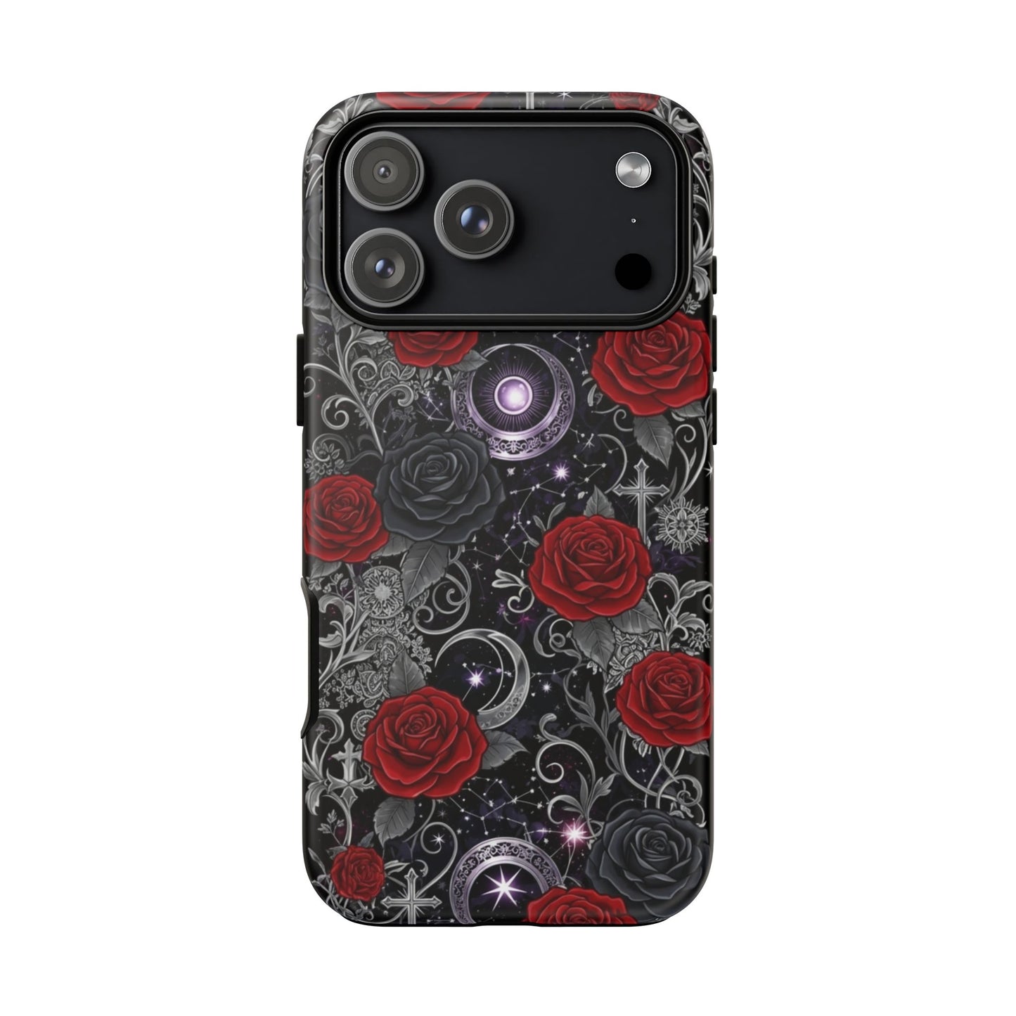 The Printify Dark Gothic Red Roses Matte Tough Phone Cases feature a striking design of red and black roses, silver filigree, crescent moons, and stars on a shadowy background.
