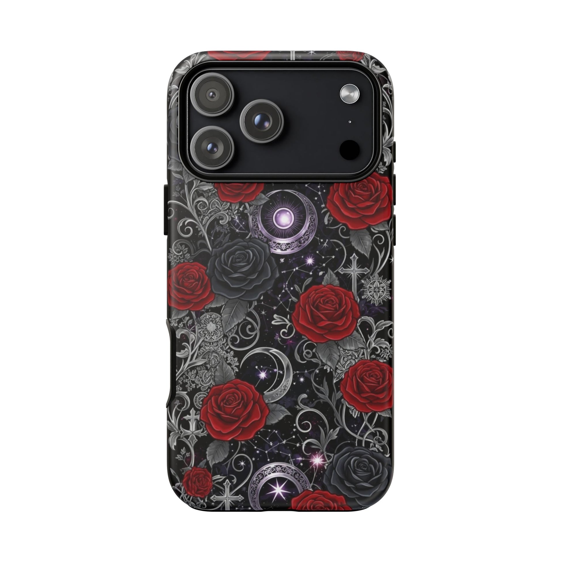 The Printify Dark Gothic Red Roses Matte Tough Phone Cases feature a striking design of red and black roses, silver filigree, crescent moons, and stars on a shadowy background.