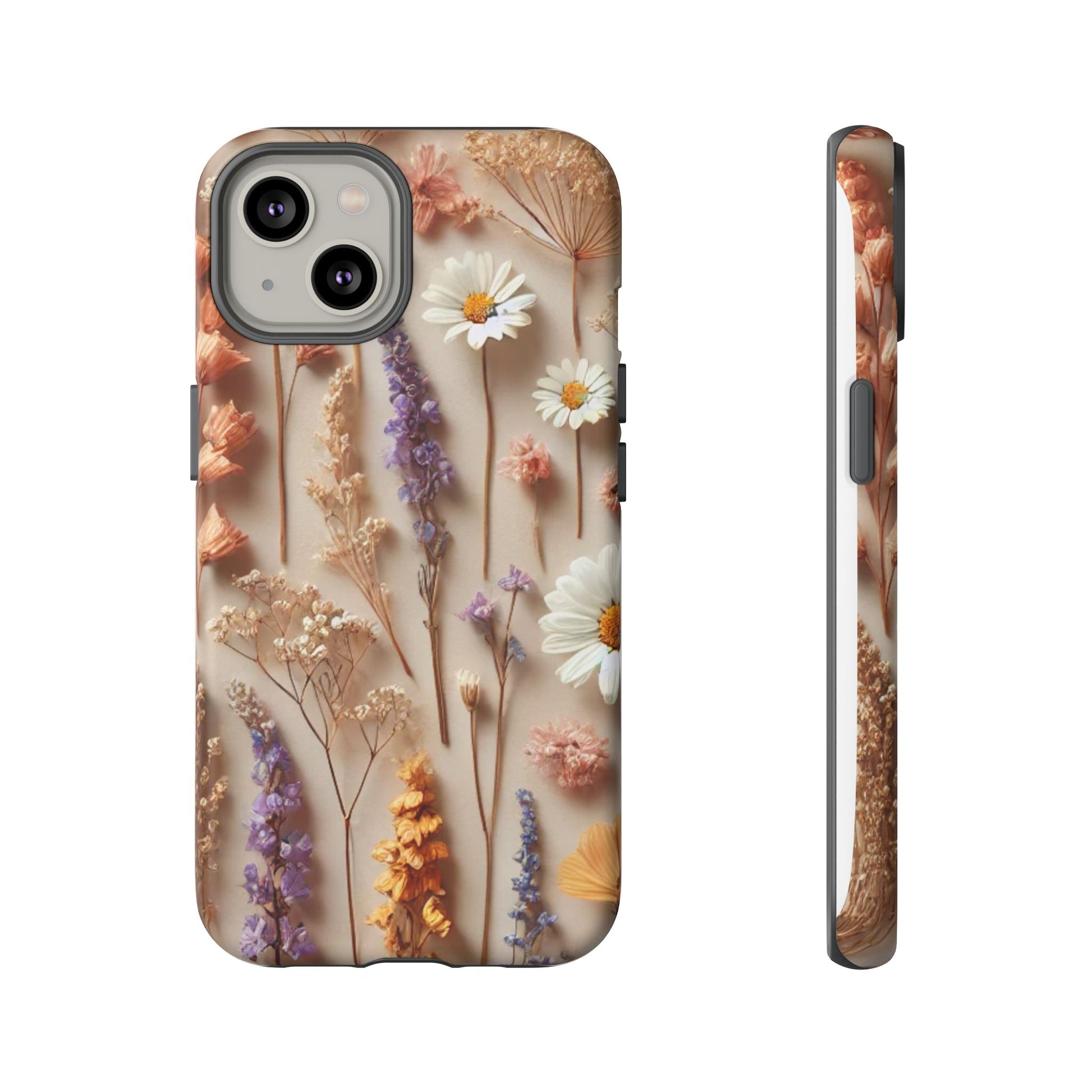 The Printify Aesthetic Pressed Flower Floral Design Phone Cover showcases daisies, lavender, and baby's breath in vivid hues, arranged vertically on a beige background with the floral motif elegantly wrapping around the edges.