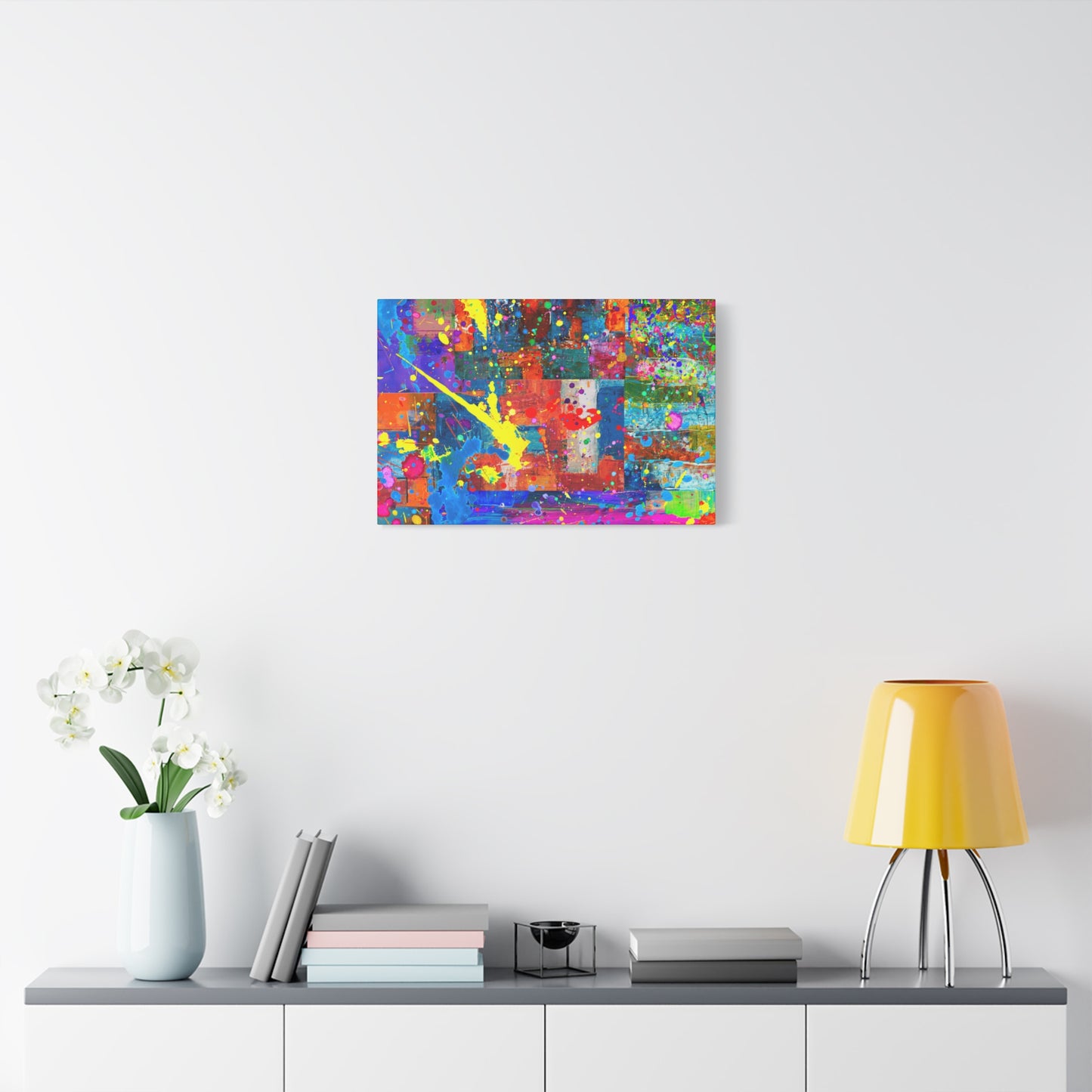 Vivid Neon Chaos Canvas Print Abstract Patchwork Splatter Art - Paragon Prints