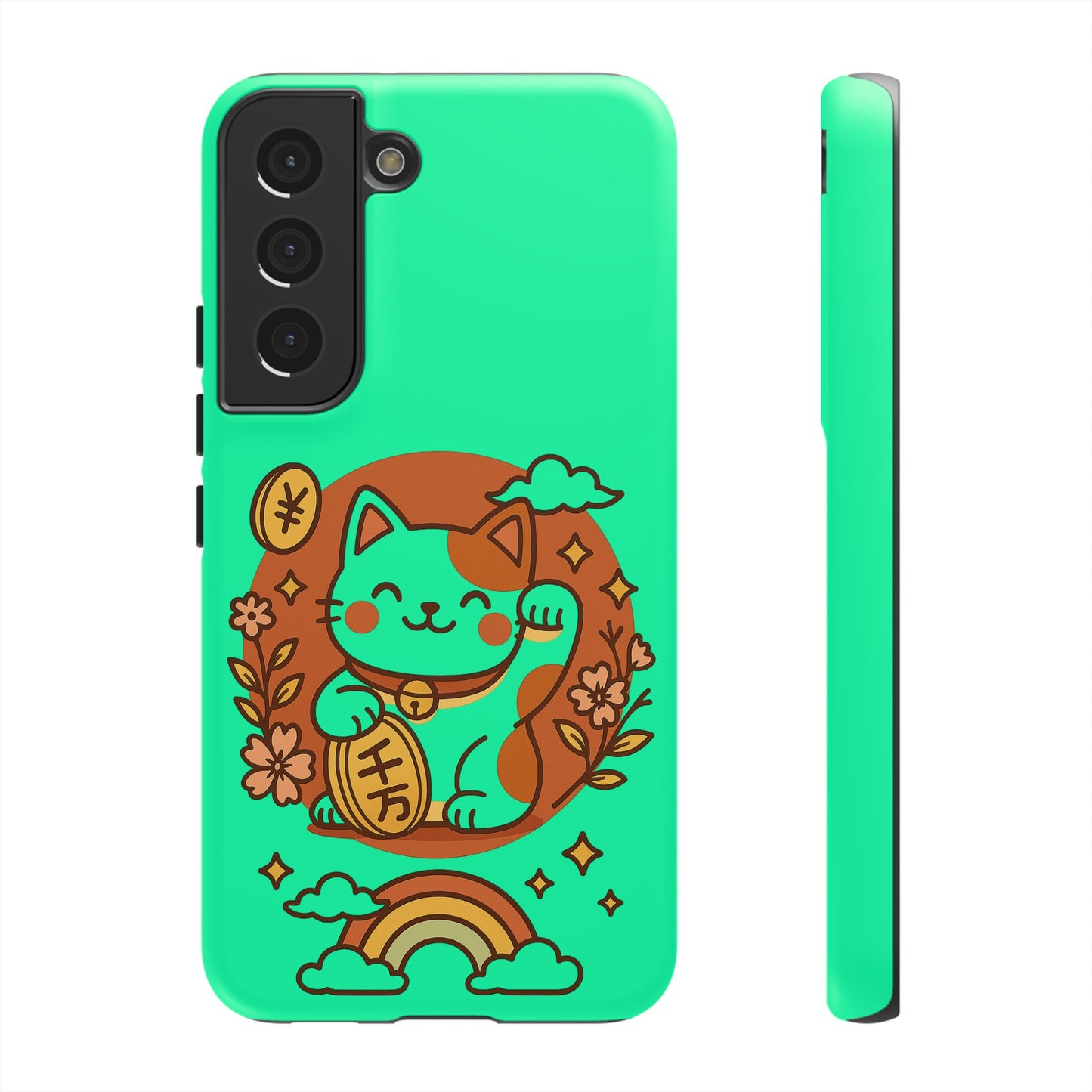 The Printify Japanese Kawaii Lucky Cat Protective Phone Case is a bright green dual-layer case featuring a cute cartoon maneki-neko with a raised paw, flowers, a gold coin, and a rainbow. Image shows both back and side views.